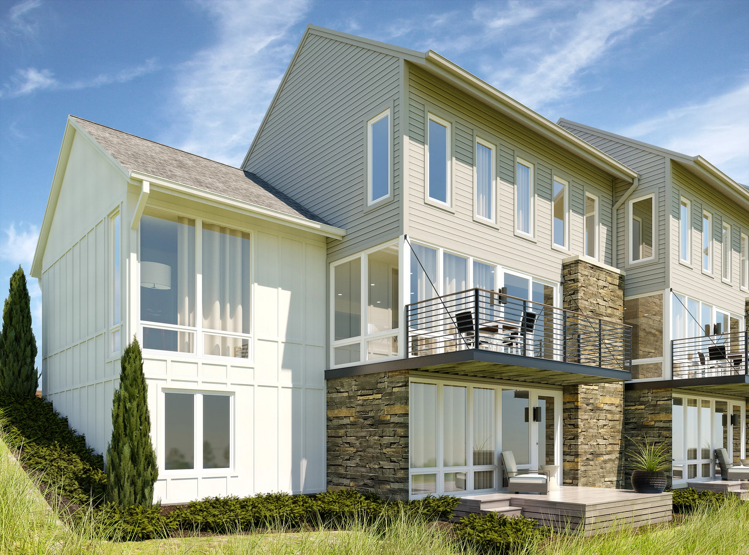 Detail of end unit with main level master bedroom facing water