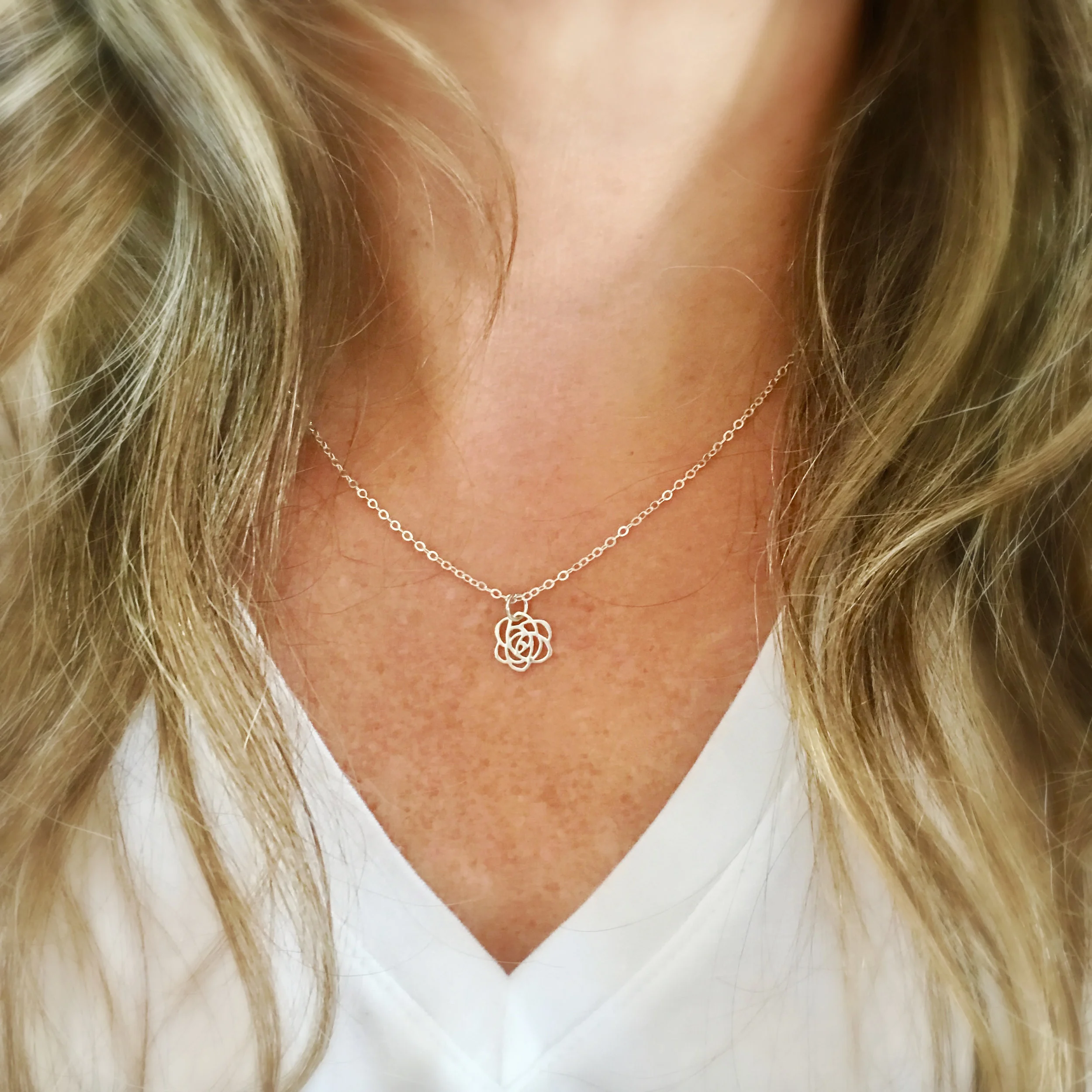 Sterling Silver Tiny Rose Necklace 