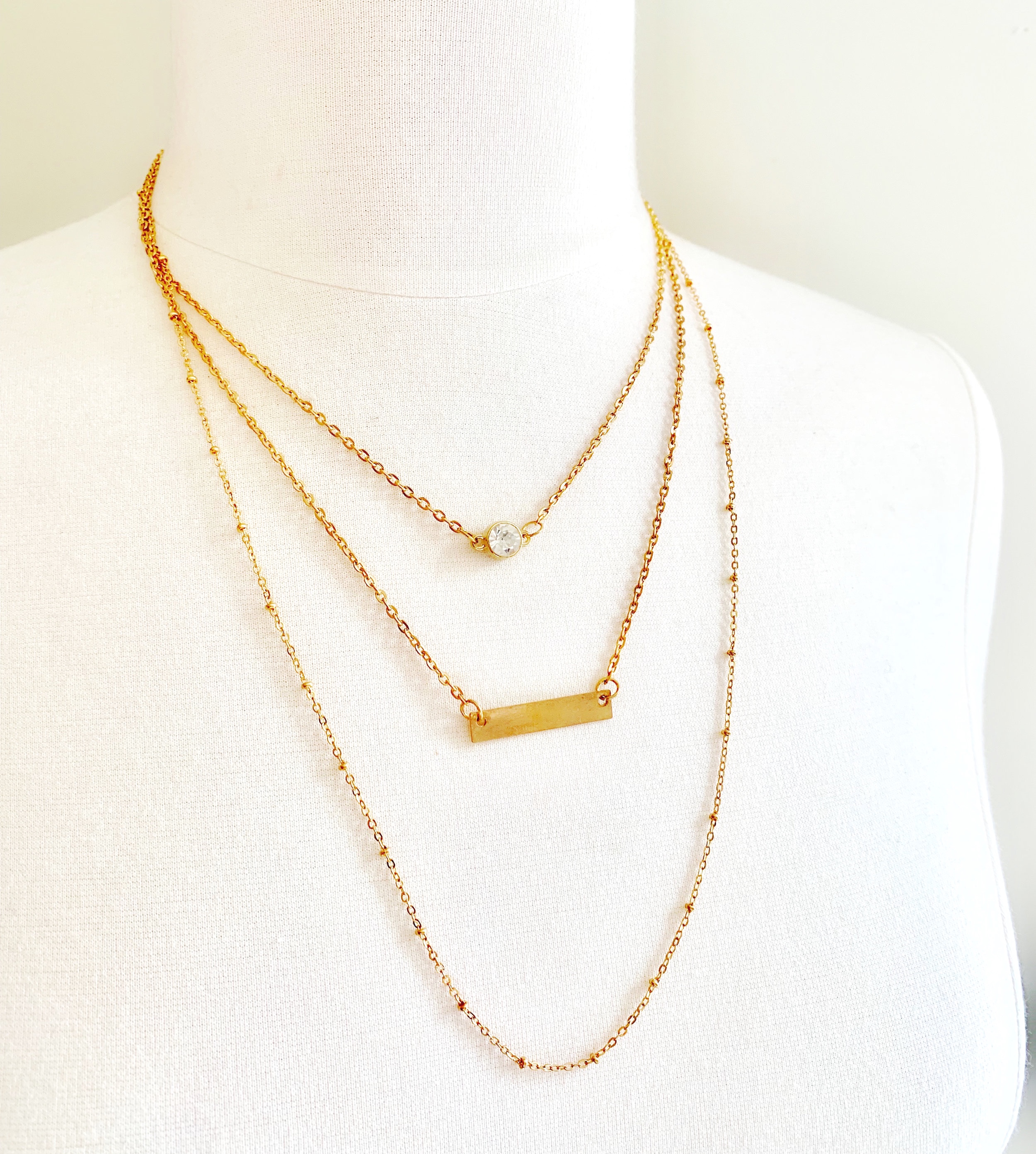 long layered necklace gold bar cz