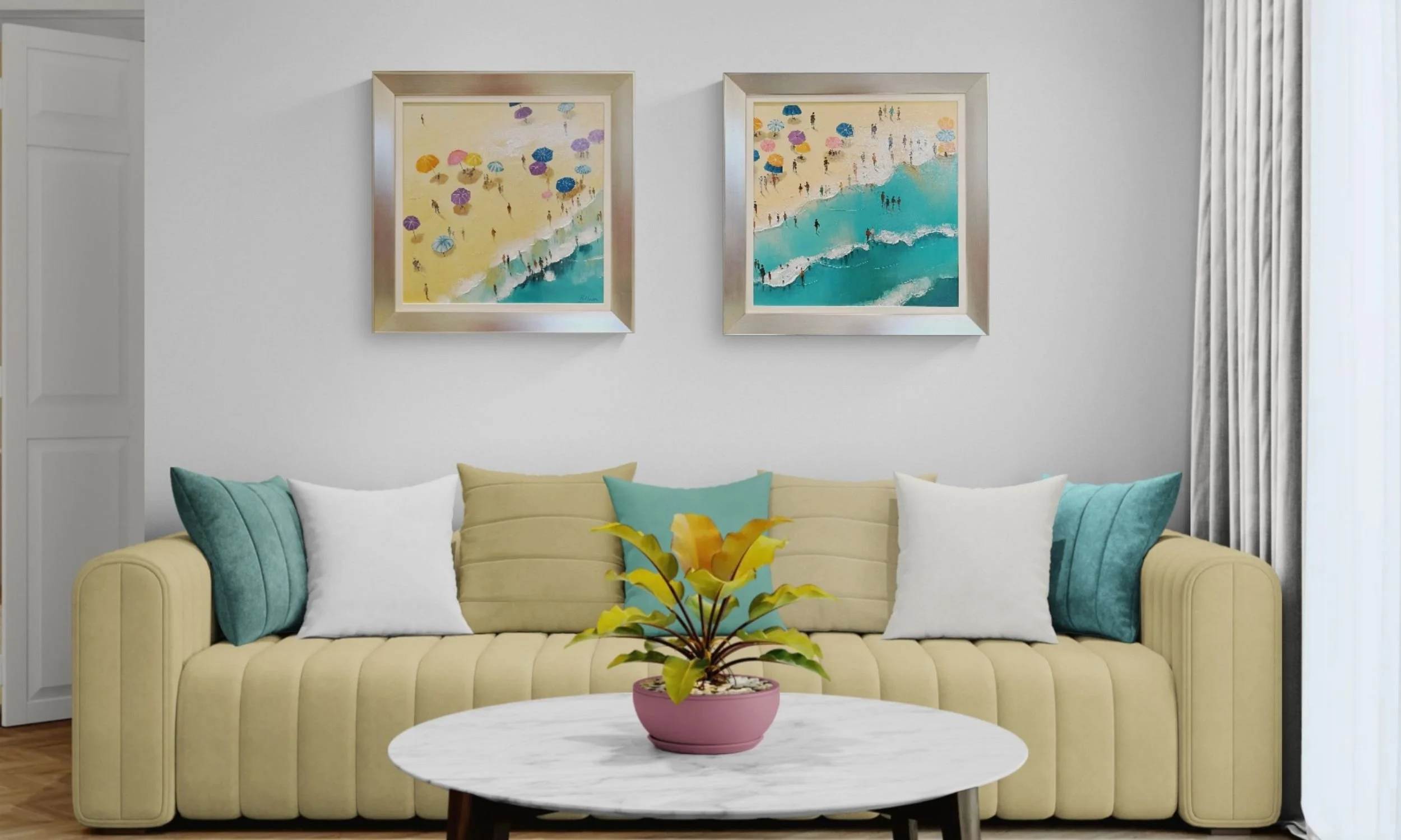 Two framed contemporary coastal beach art prints displayed above a stylish modern sofa in a living room setup at Art Reflection Mosman gallery.