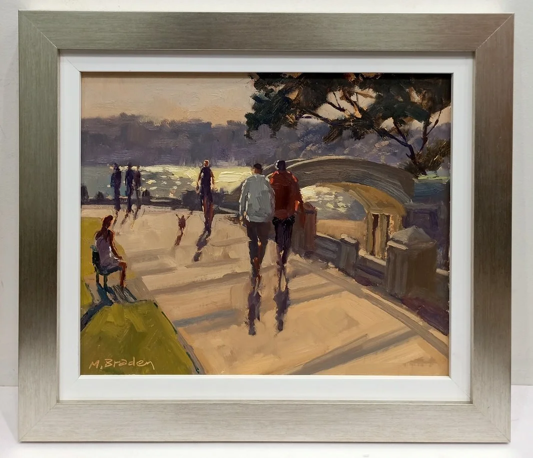 Framed original oil painting of figures walking along a scenic promenade, custom-framed by Art Reflection Mosman..