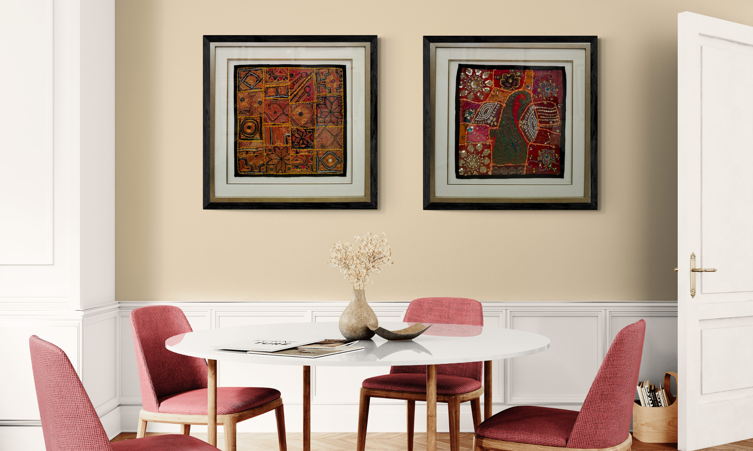 Two professionally custom-framed decorative tapestry and textile artworks displayed on a wall at Art Reflection, Mosman.