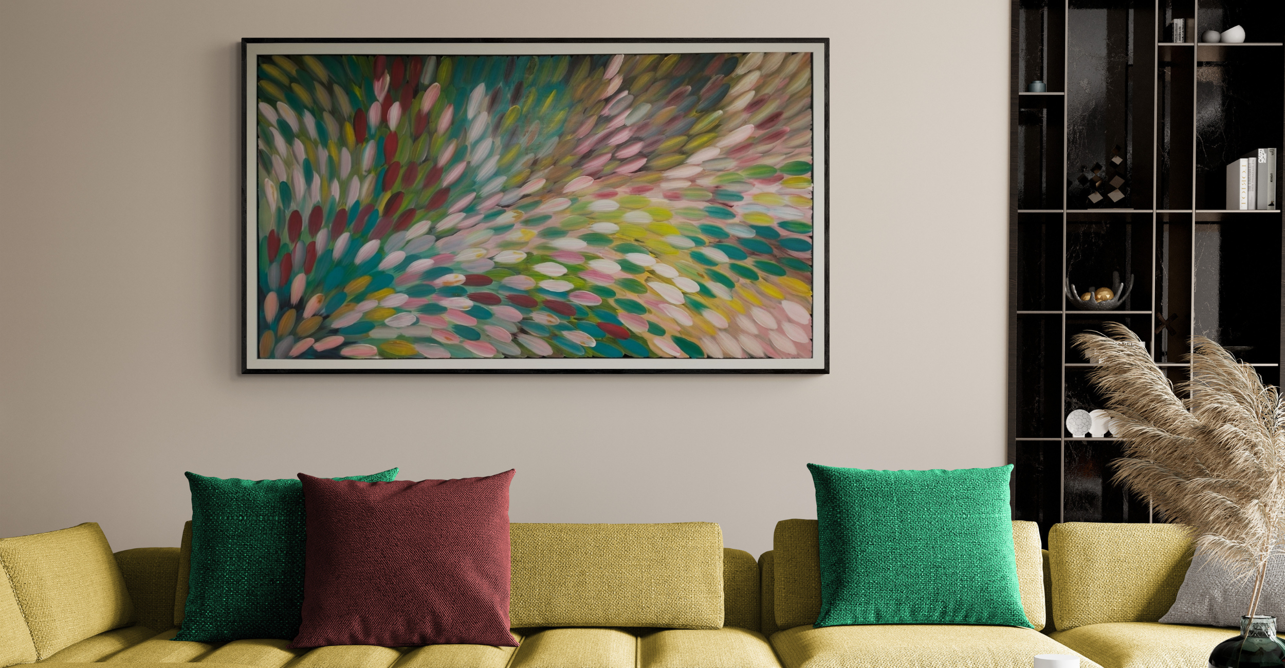 A large original Bush Medicine Leaves Aboriginal painting beautifully custom framed in a modern Sydney home by Art Reflection Mosman.