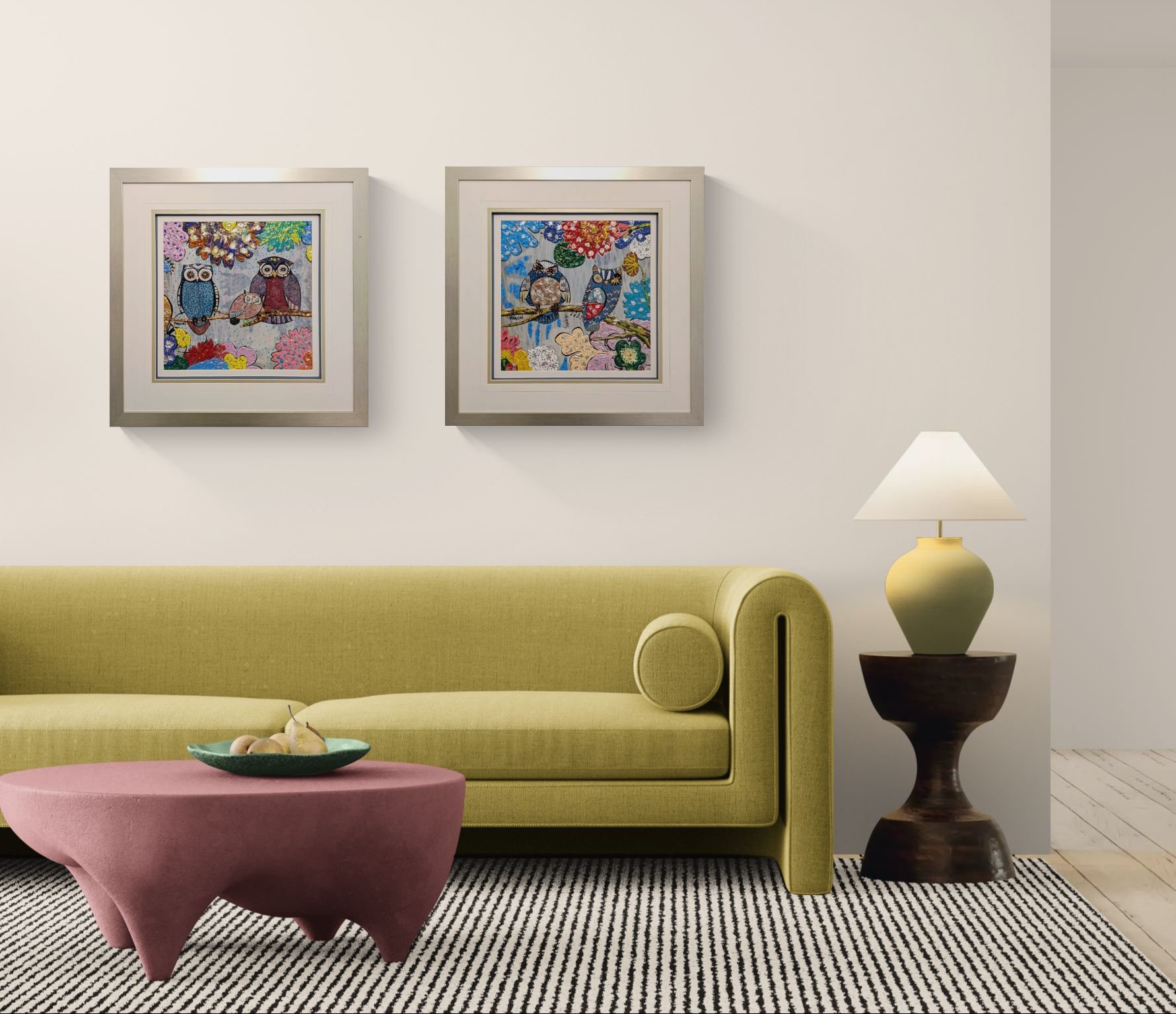 original artworks of bright owls in lounge setting