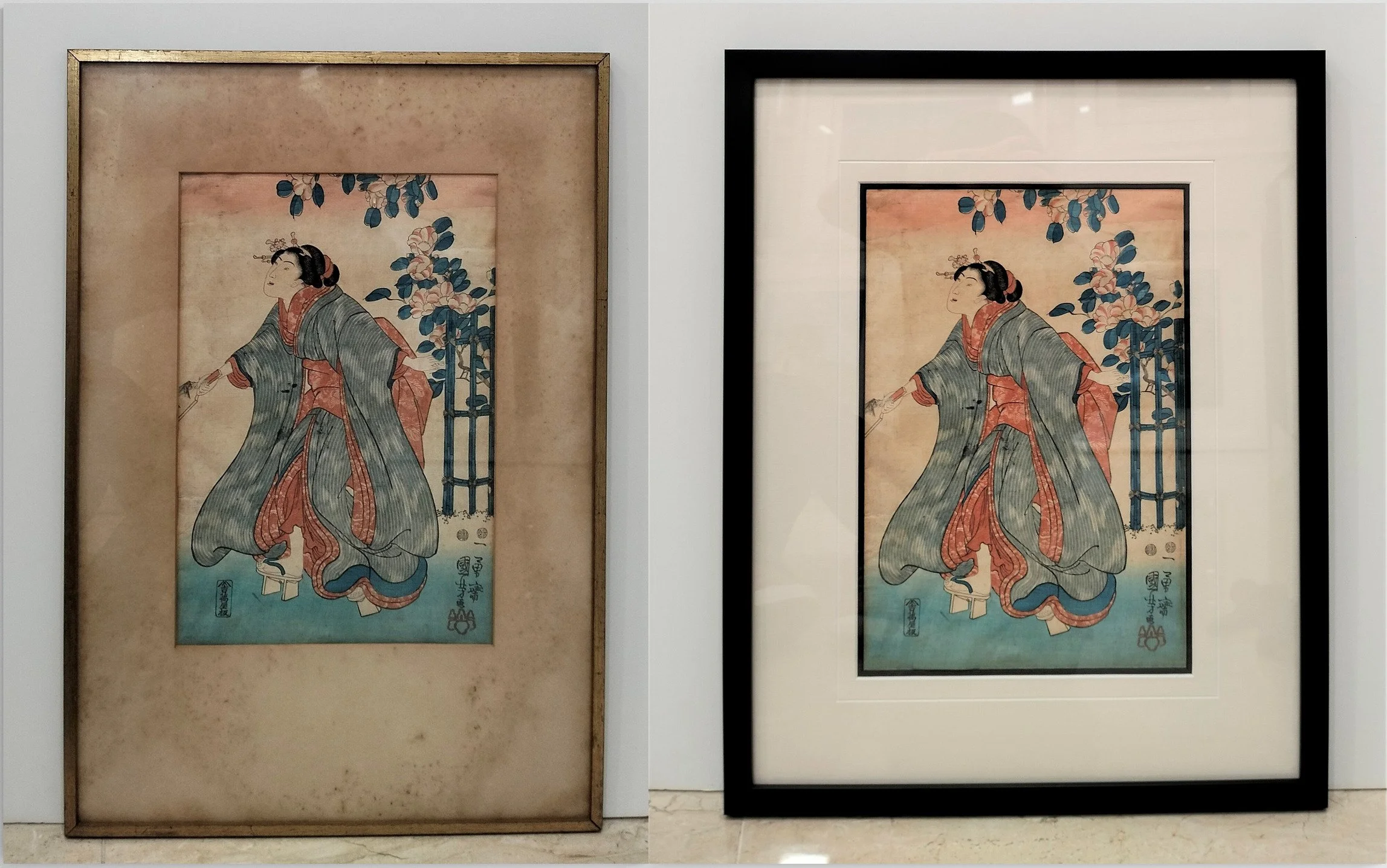 Professional artwork reframing service in Mosman, showing a before-and-after transformation of a painting into a modern, elegant frame.