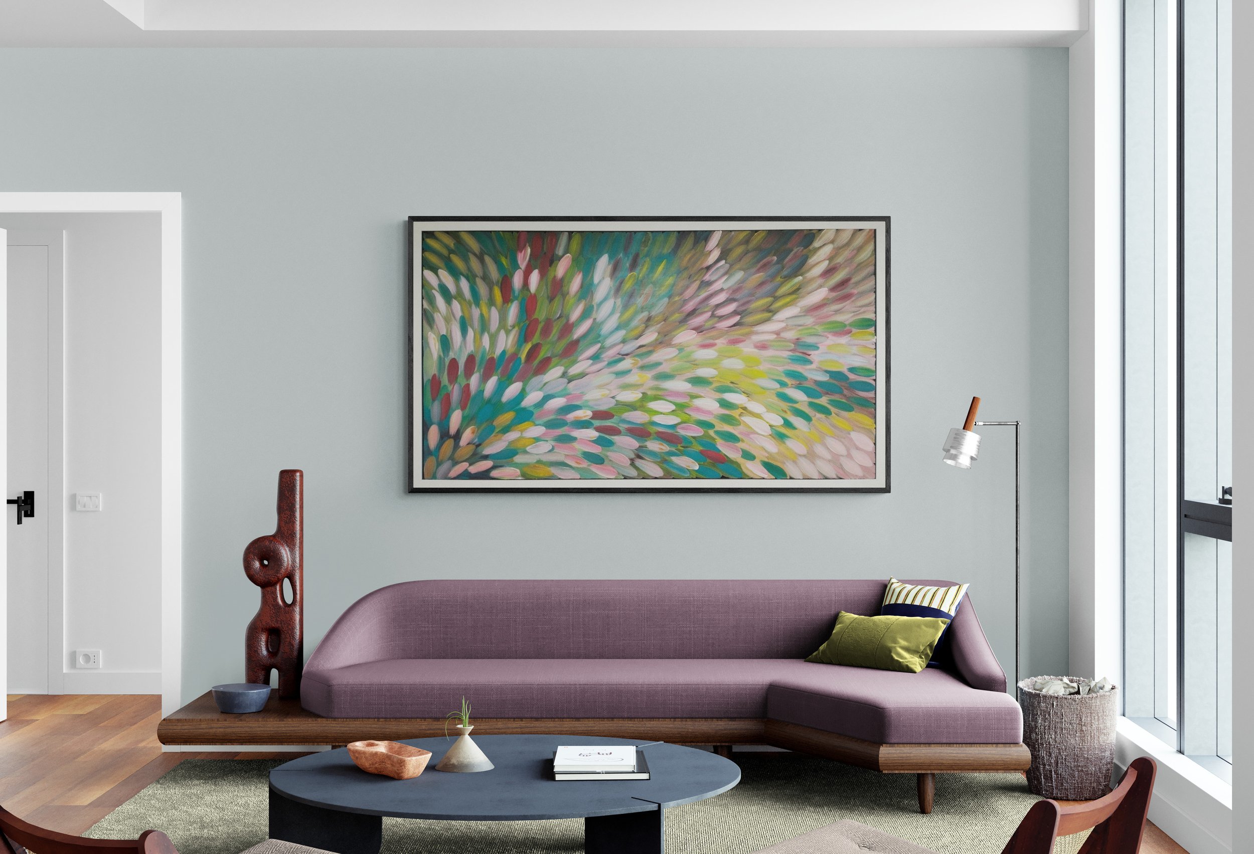 Vibrant authentic Aboriginal artwork on display at Art Reflection Mosman gallery.