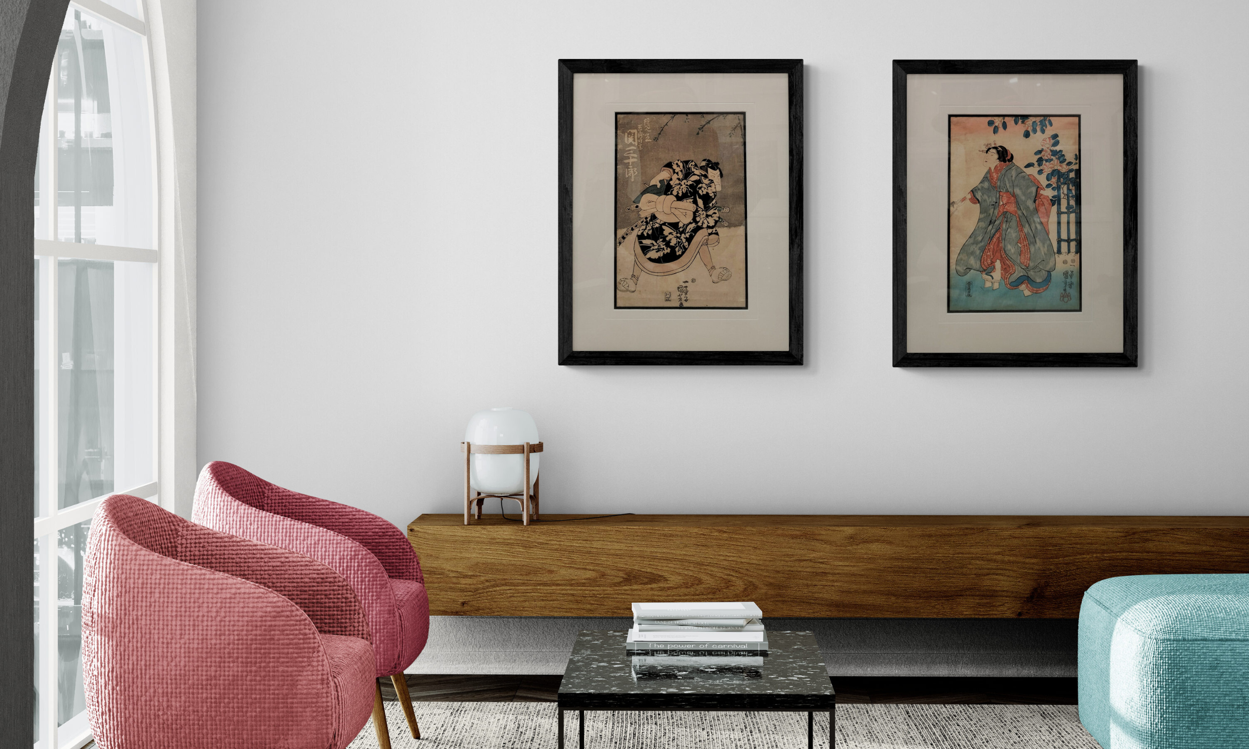 A display of traditional Asian art featuring silk-inlay mounting, Japanese woodblock prints, and bespoke gold-leaf frames at Art Reflection Mosman