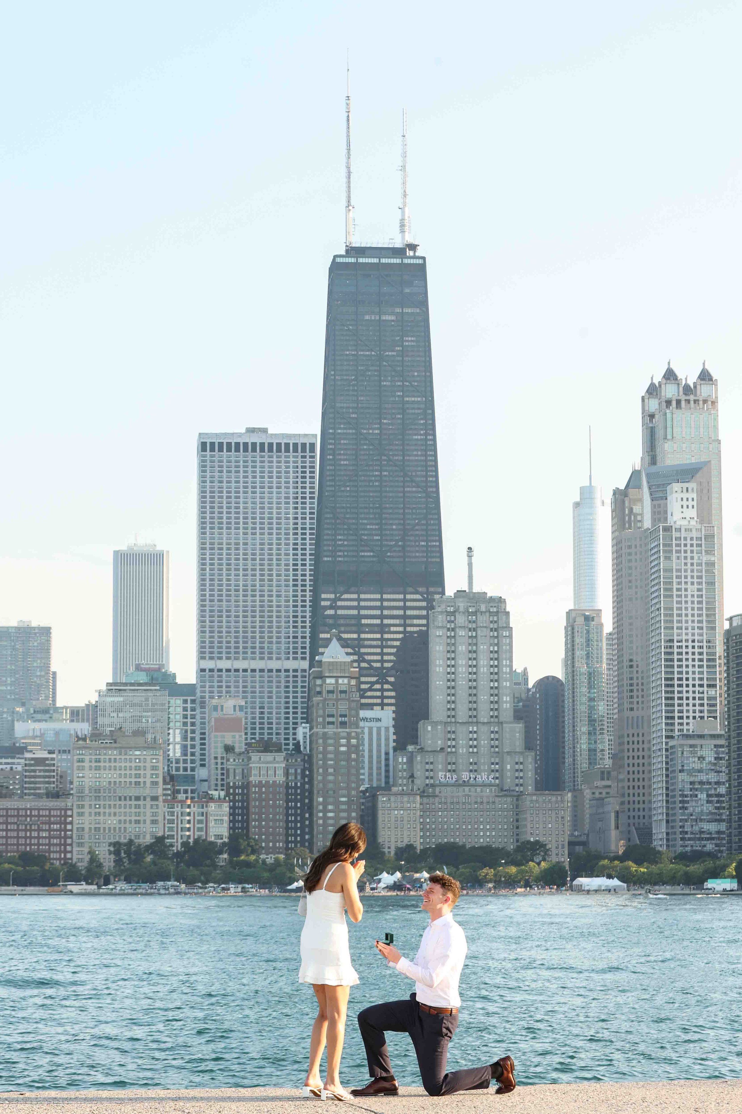 Chicago Skyline View Surprise Proposal from North Avenue Beach