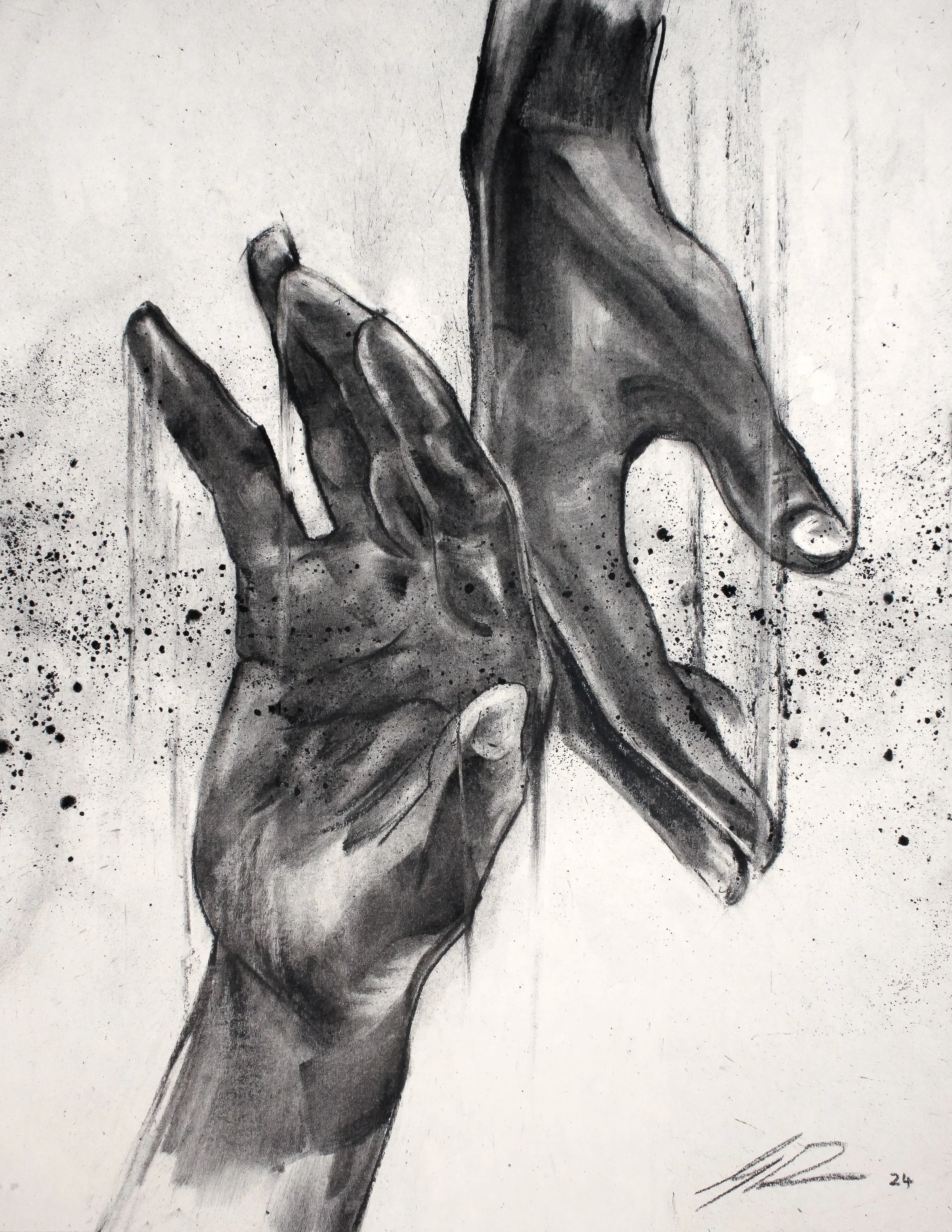 A black and white sketch of two hands with fingers extended, crossed at the index finger, with paint splatters in the background.