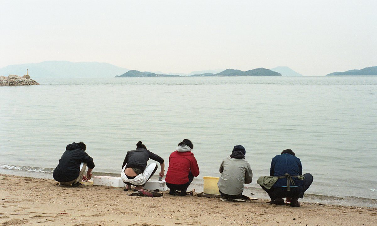 瀬戸内海でとれた魚を瀬戸内海で洗う。水道水で洗うよりも、味が新鮮に保たれるとの松内さんのアドバイス。処理された魚の内臓は、トンビが食べてしまうのです。
