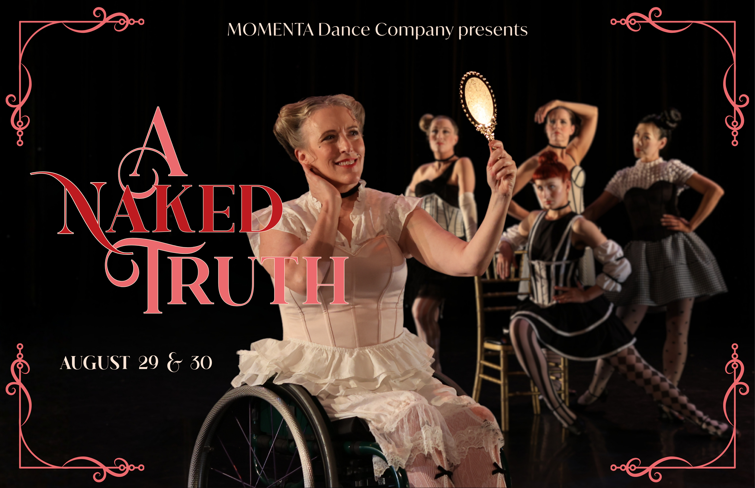A female dancer dressed in white and beige sits in her wheelchair while looking at herself in a handheld mirror. Behind her out of focus are four dancers dressed in black and white in various poses. MOMENTA Dance Company presents A Naked Truth