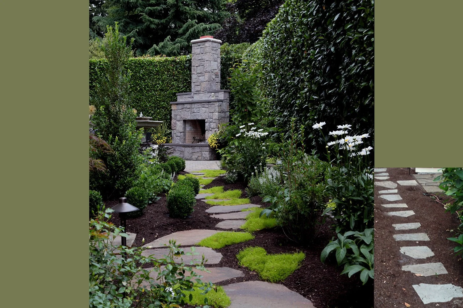 Traditional style landscape for a craftsman home in Vancouver, Washington. The homeowners wanted to have a more useable  space along the side of the house. We added a fireplace as a focal point and created a curved stepping stone walkway, which allow