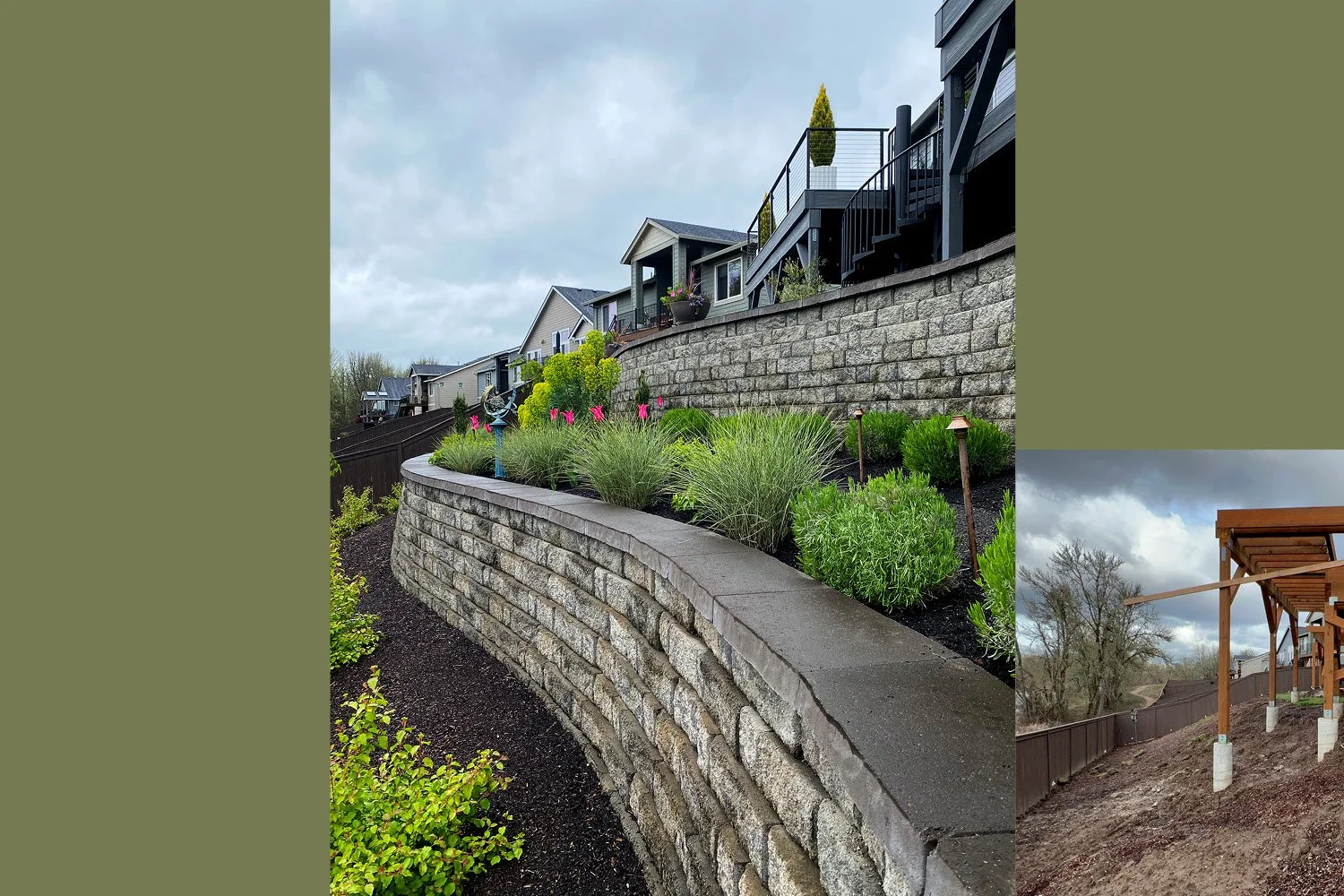 Before & After Design, McMinville, Oregon.
Before: The backyard had an unusable steep slope. After: Designed two retaining walls. The bottom wall enabled us to design a walkway and garden between the two walls. The upper retaining wall allowed us to 