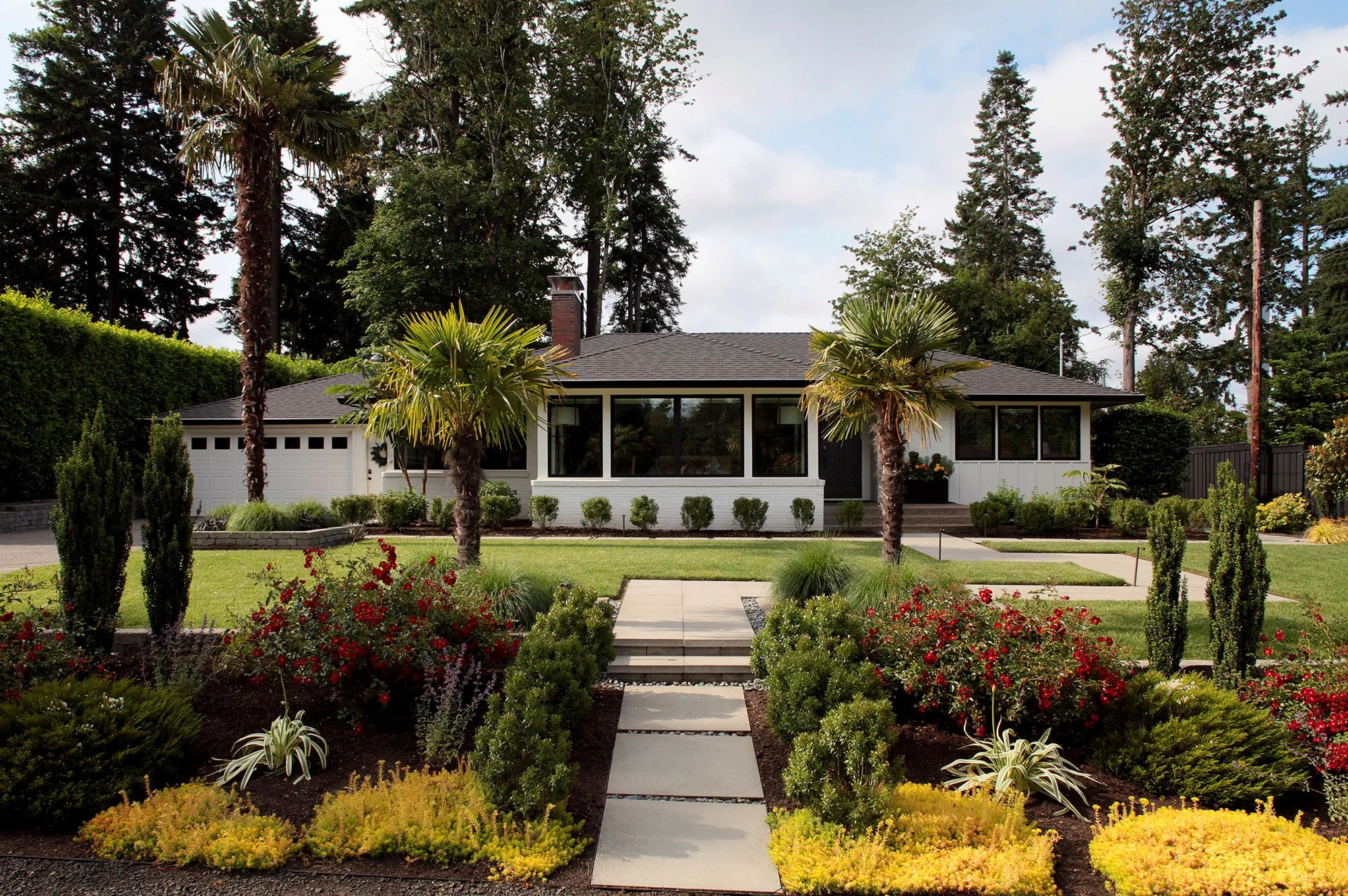 Our clients wanted a front landscape that they could easily manage, a style cohesive to the house, and wanted to keep their one much loved windmill palm. The front was all grass on a gentle slope with a skinny walkway from the driveway to the front d