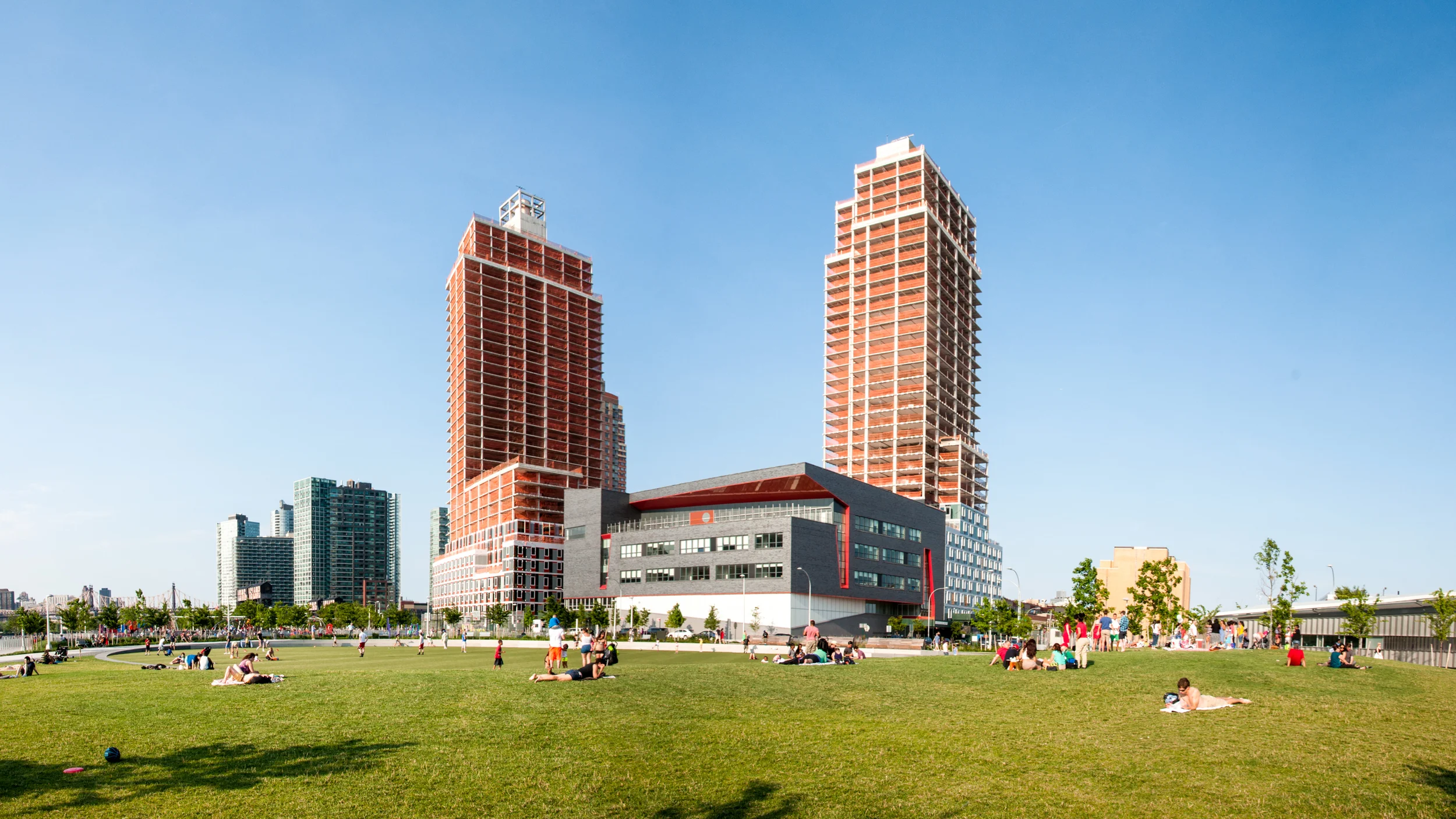 View of Buildings A and B from Hunters Point South Park.