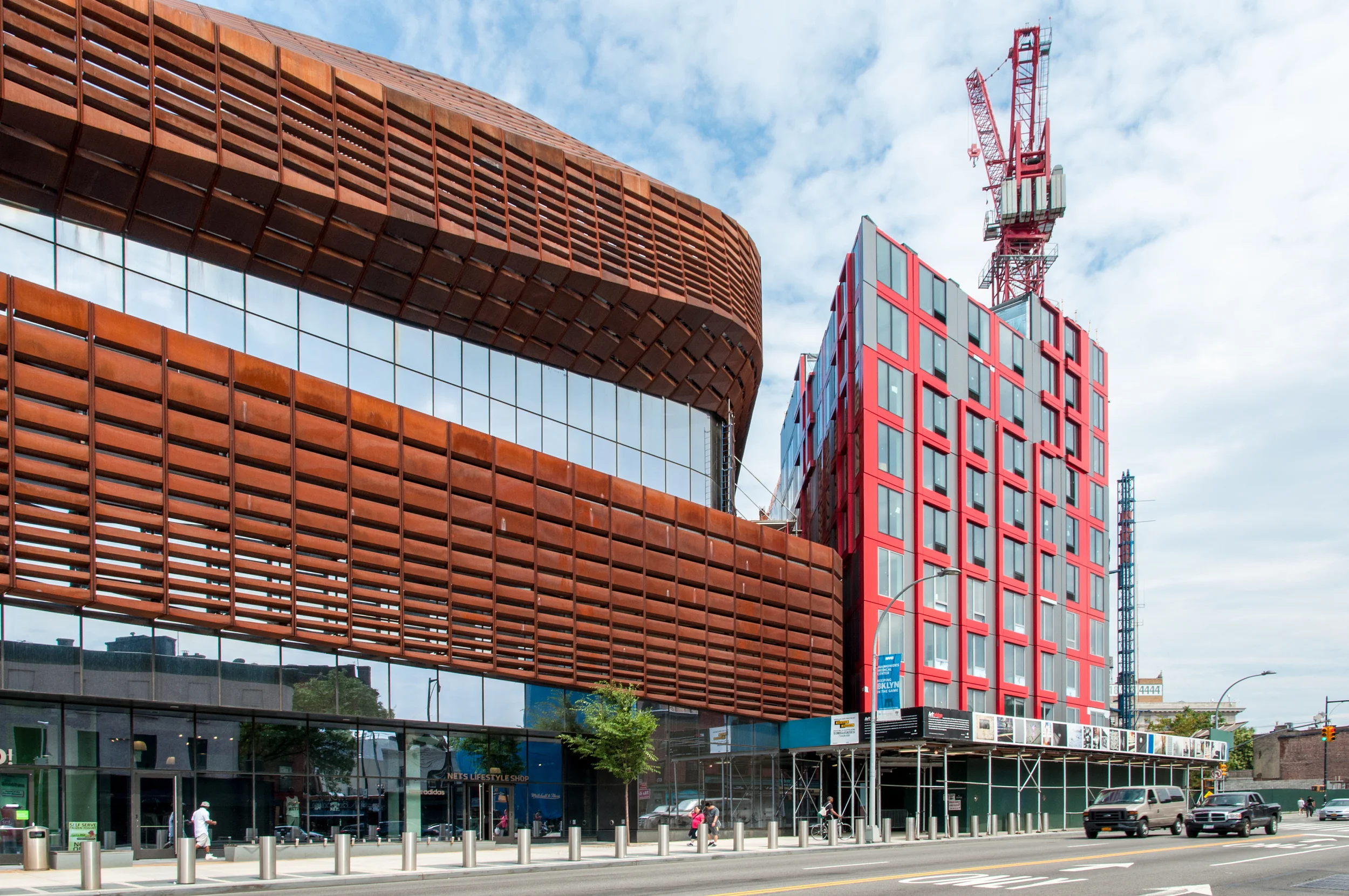 The west facade of the Barclays Center (left) and the B2 tower (right) on Flatbush Avenue.