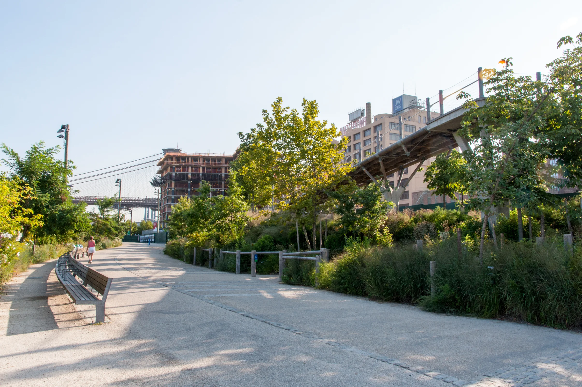 Looking north along the Brooklyn Bridge Park Greenway with Squibb Park Bridge to the right.