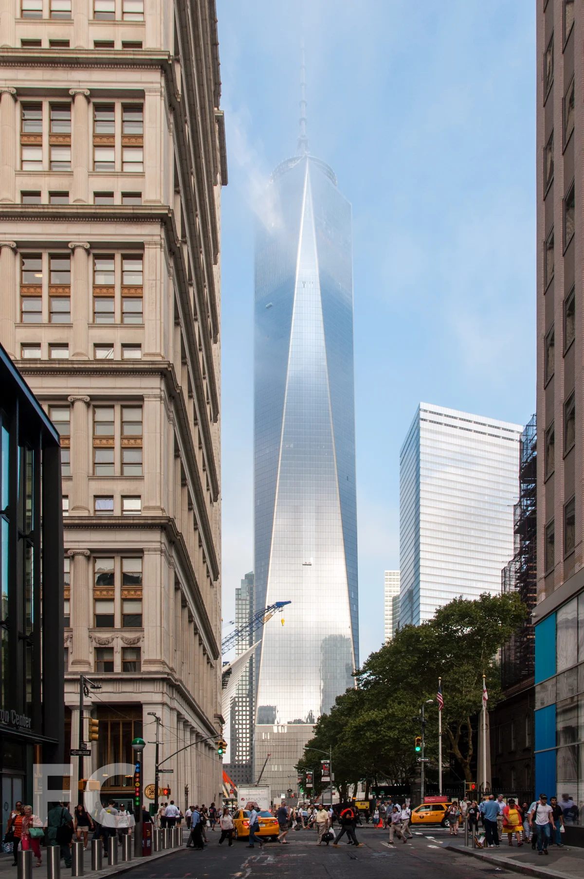 Looking west along Fulton Street to1 WTC (center), 7 WTC (right), and the wing of the WTC Transit Hub (left).