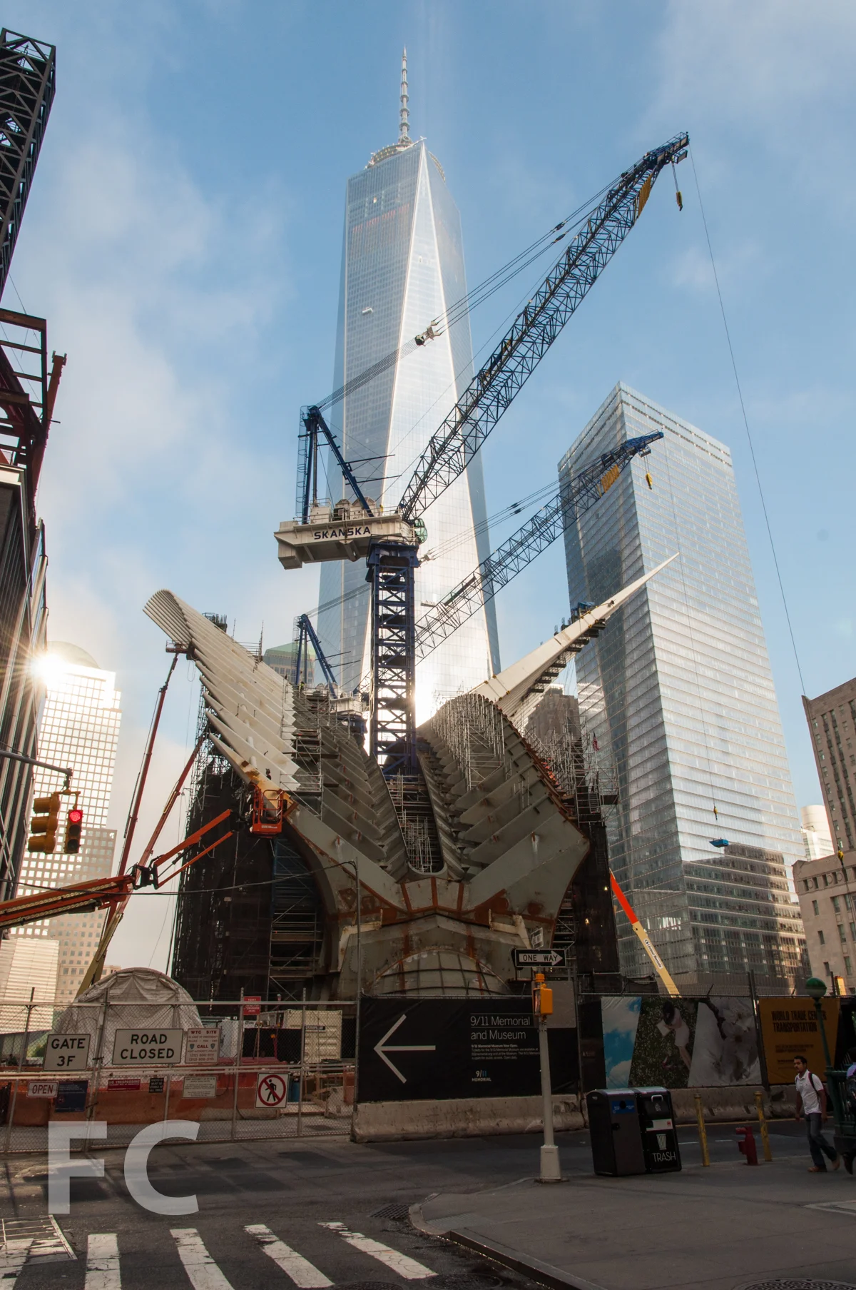 1 WTC, 7 WTC, and the WTC Transit Hub from the corner of Dey Street and Church Street.