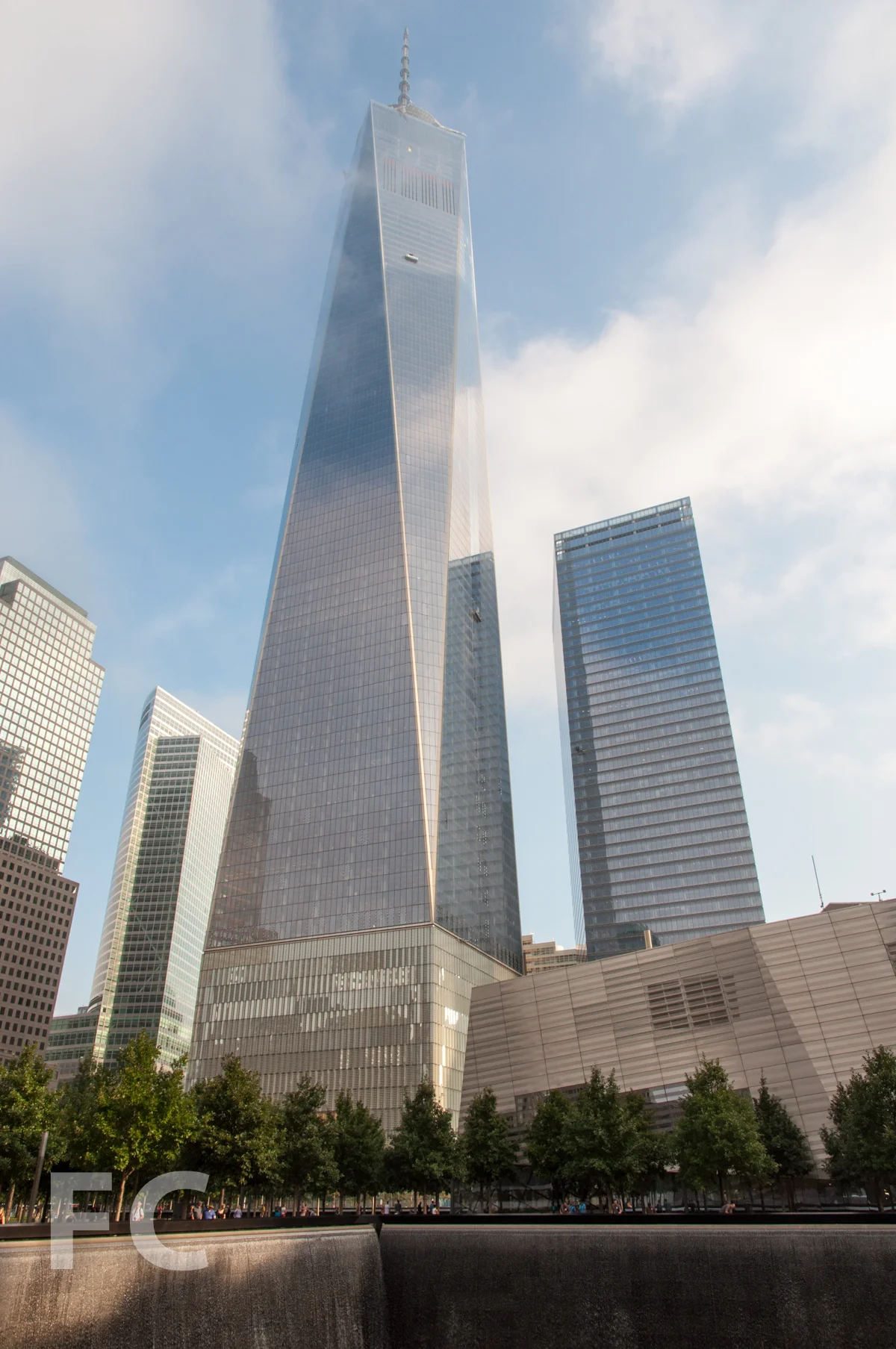 1 WTC (left), 7 WTC (right), and the memorial (bottom right) seen from the Memorial pools.