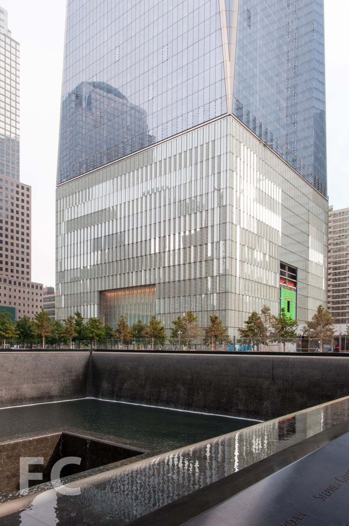The podium and lower floors of 1 WTC from the memorial pools.