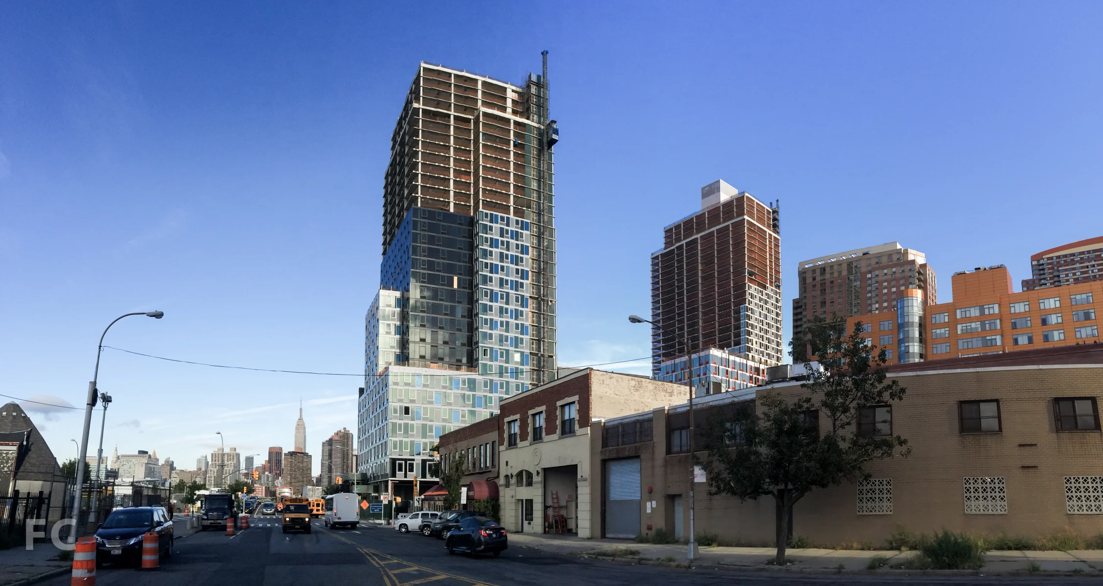 The east façade of Building A (right) and Building B (left) from Borden Avenue.