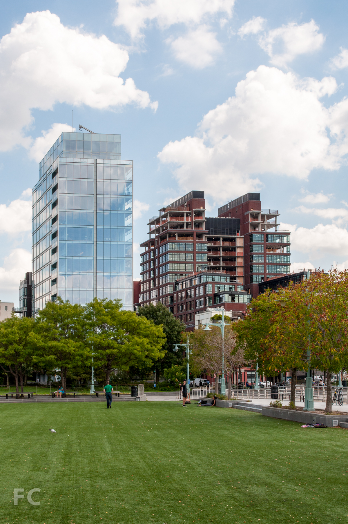 View of 165 Charles (left) and 150 Charles (right) from Pier 46 at the Hudson River Park.