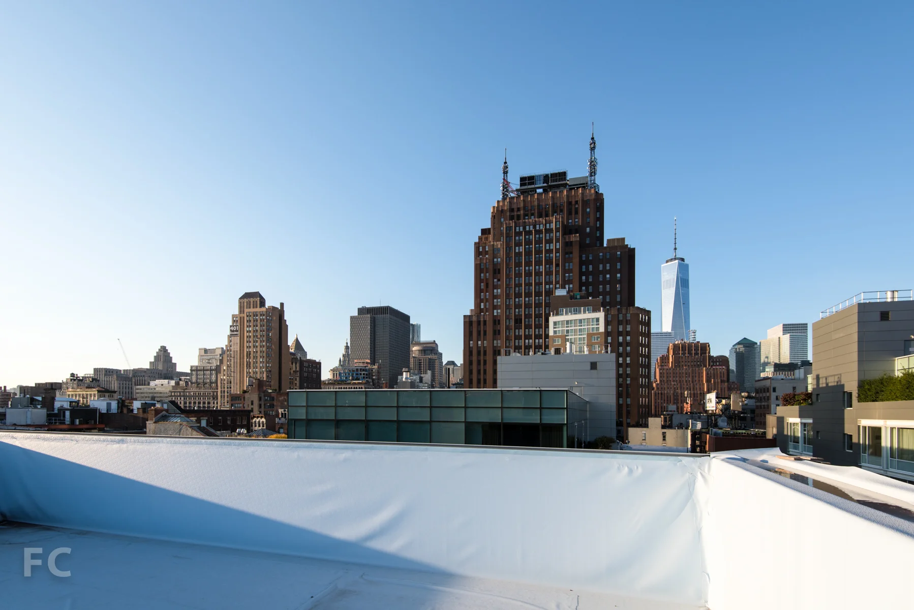 View to Lower Manhattan from the pool on the penthouse roof deck.