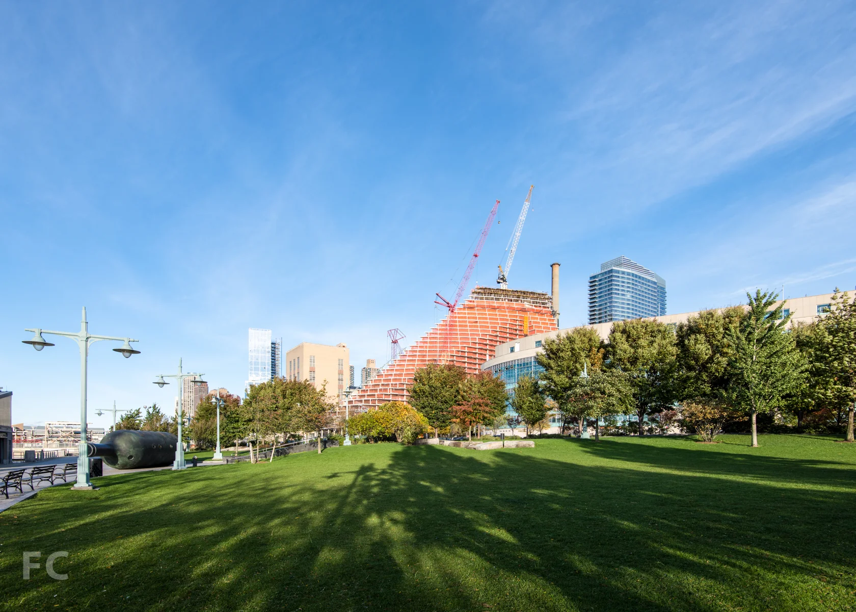 The southwest corner from the Hudson River Park.