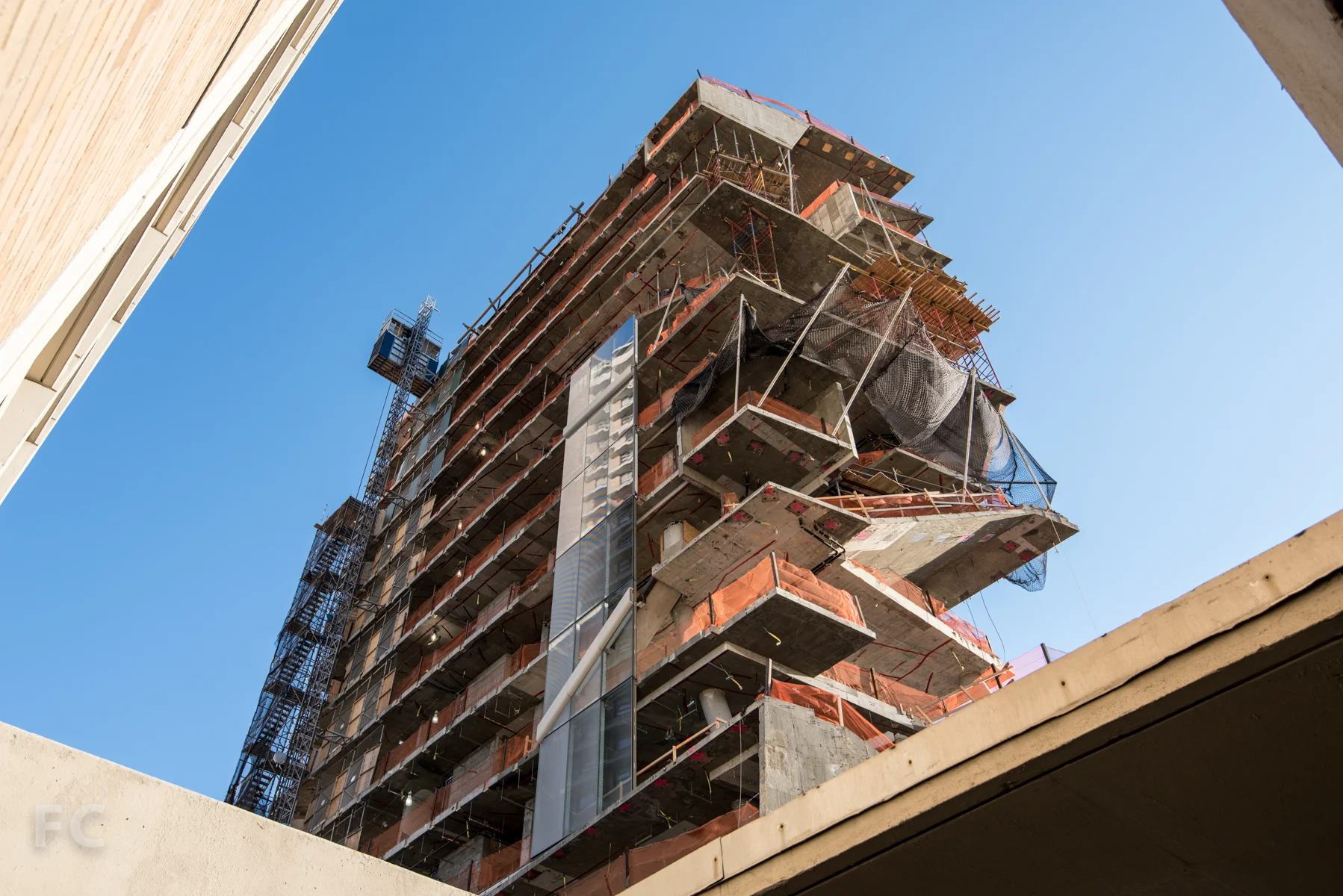 Southwest corner with curtain wall.