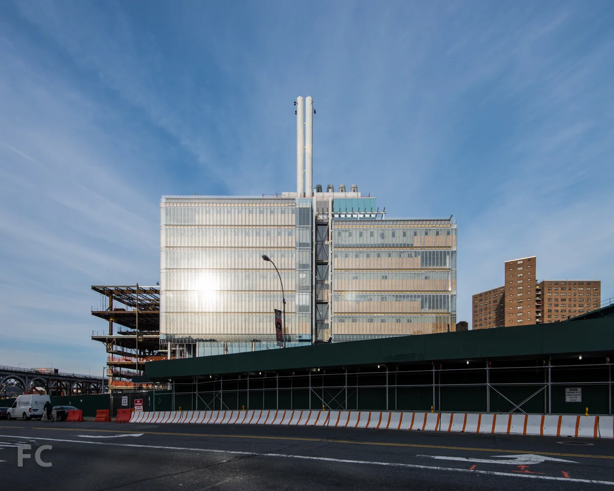 South facade of the Science Center (right ) and the Center for the Arts (left ) from West 125th Street.