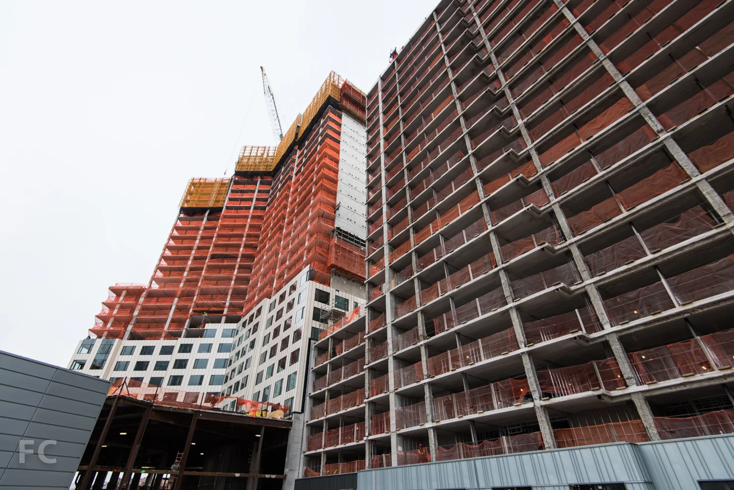 West facade of Phase Two's affordable housing (right) and market rate (left) towers.