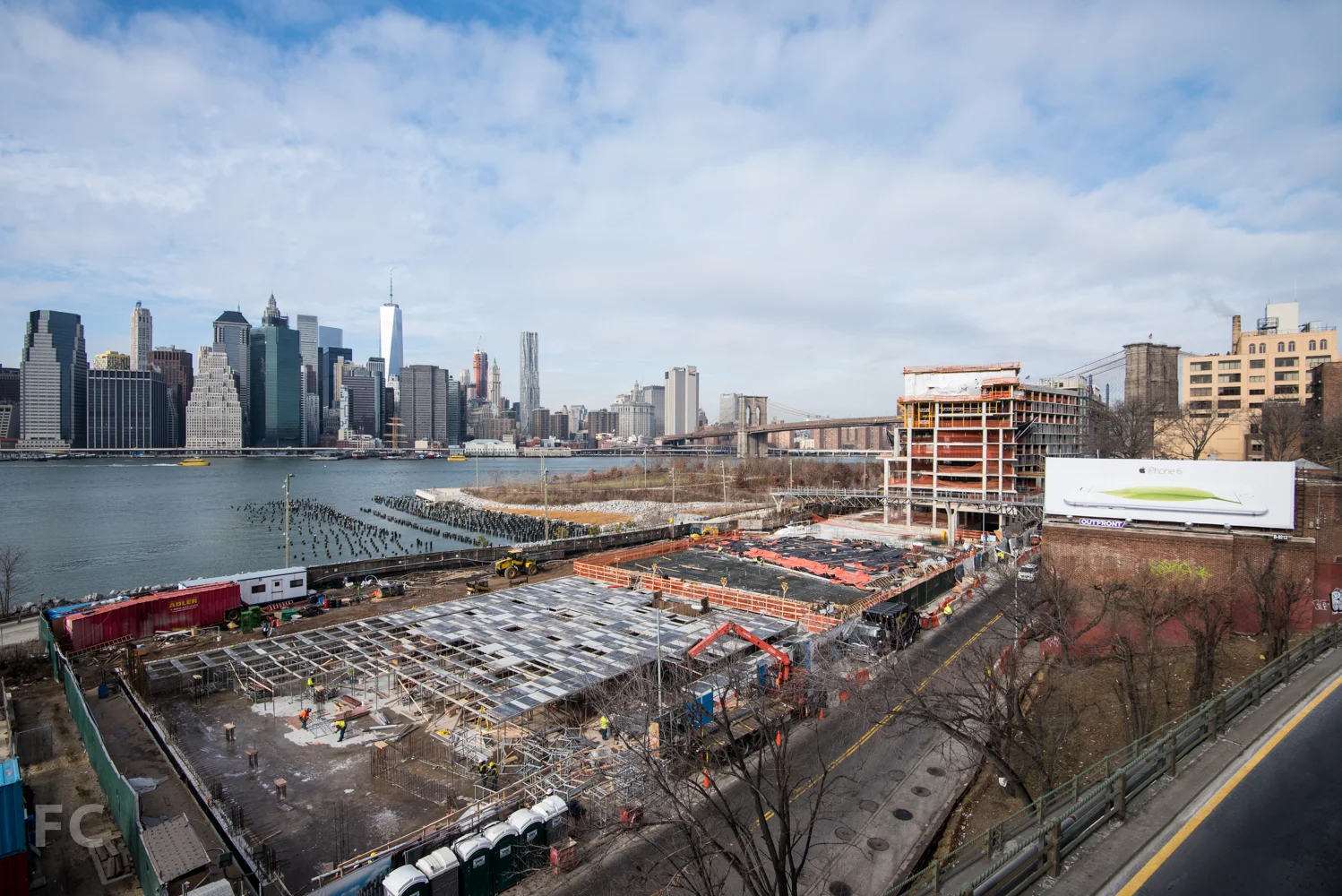 Looking west from the Brooklyn Heights Promenade towards Pierhouse (foreground) and Lower Manhattan (background).