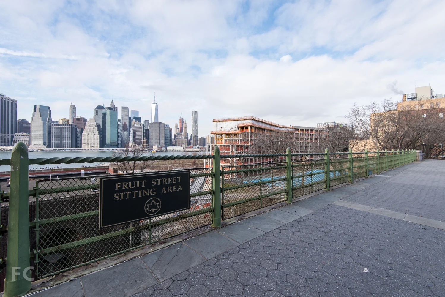 Looking west from the Brooklyn Heights Promenade towards Pierhouse (foreground) and Lower Manhattan (background).