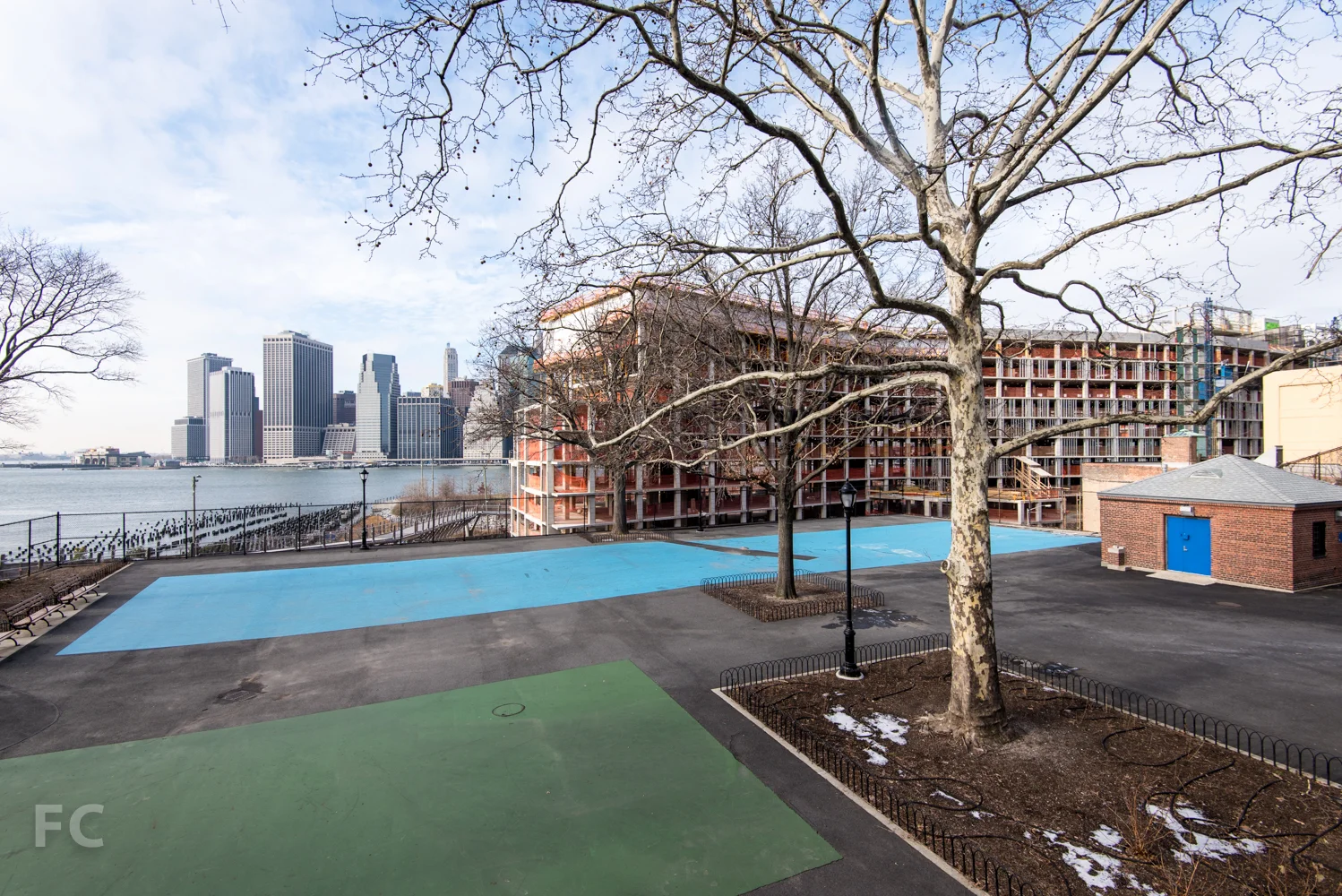 Looking west from Squibb Park towards Pierhouse (foreground) and Lower Manhattan (background).