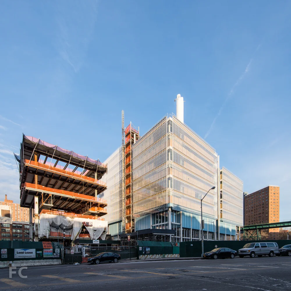 Southwest corner of the Science Center (right) and the Center for the Arts (left) from West 125th Street.