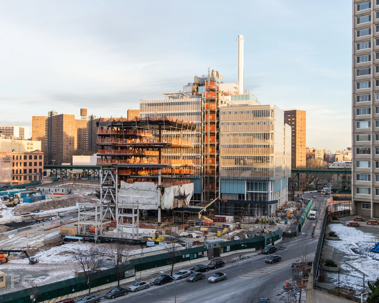 South façade of the Science Center (right) and the Center for the Arts (left) from Riverside Drive.