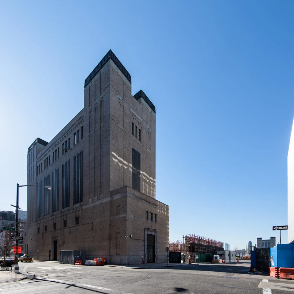 Northeast corner of salt shed (right) and the New York Land Ventilation Building for the Holland Tunnel (left).
