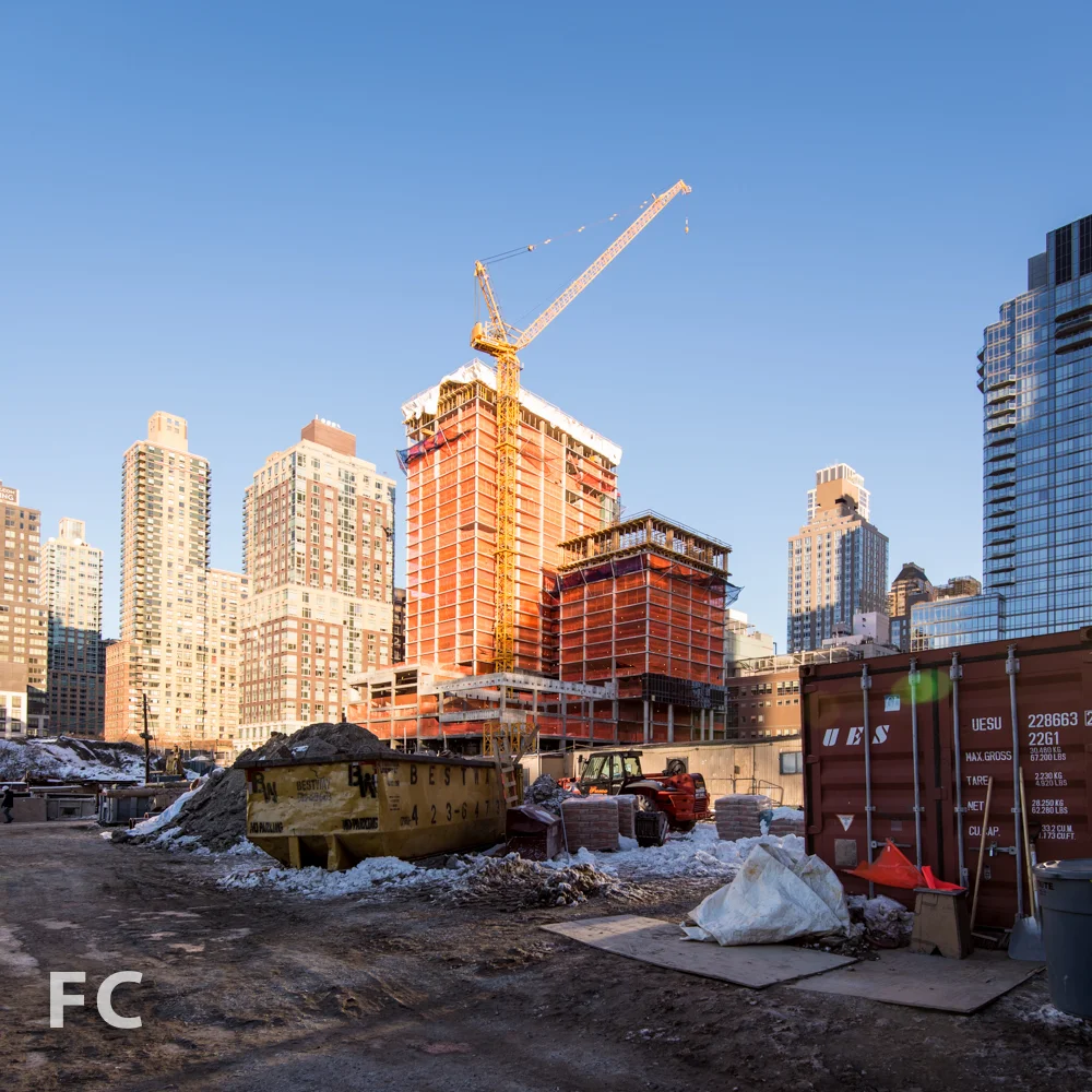 Southwest corner of Riverside Center with 21 West End Avenue (center).