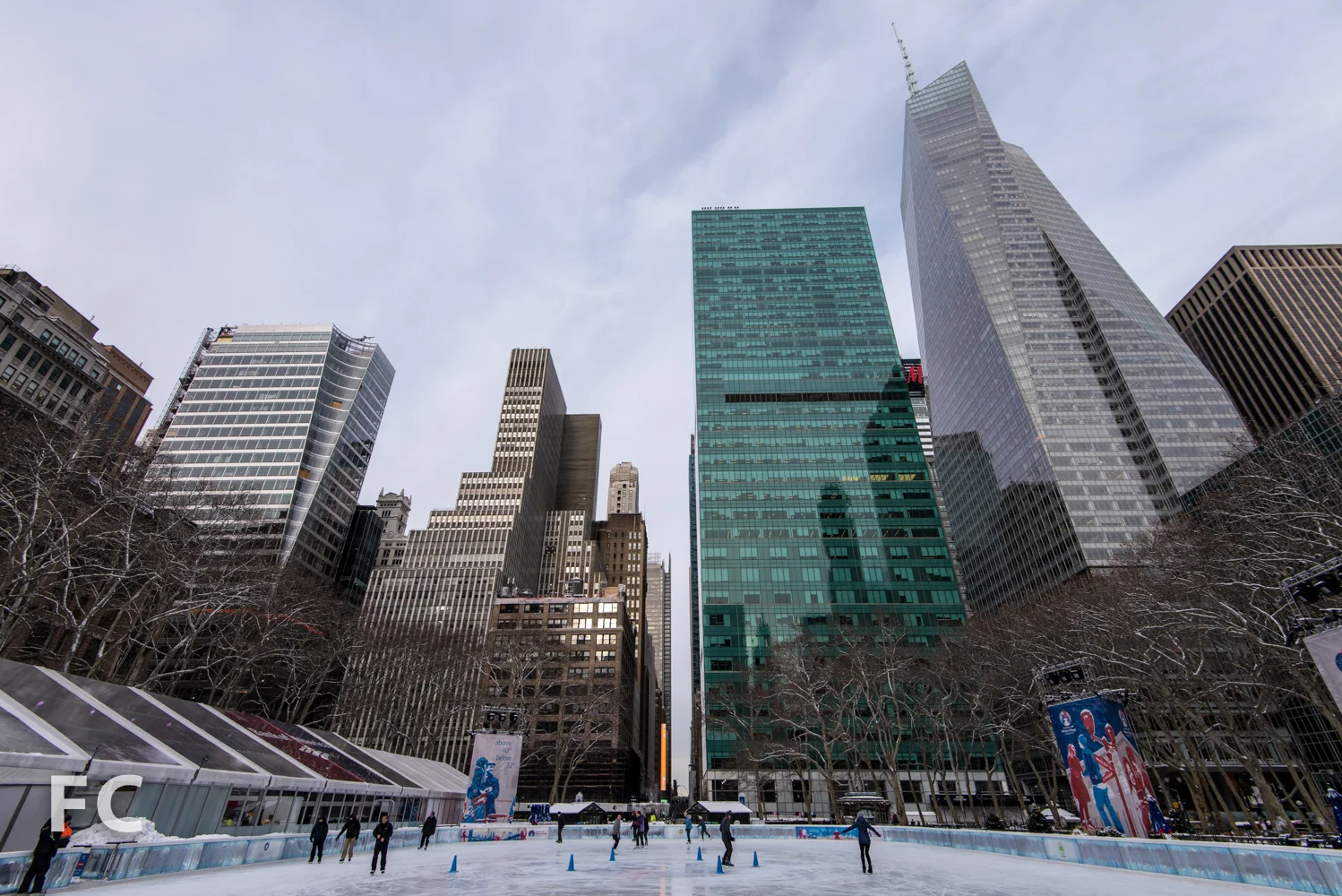 Looking west from Bryant Park with One Bryant Park (far right) and 7 Bryant Park (far left).