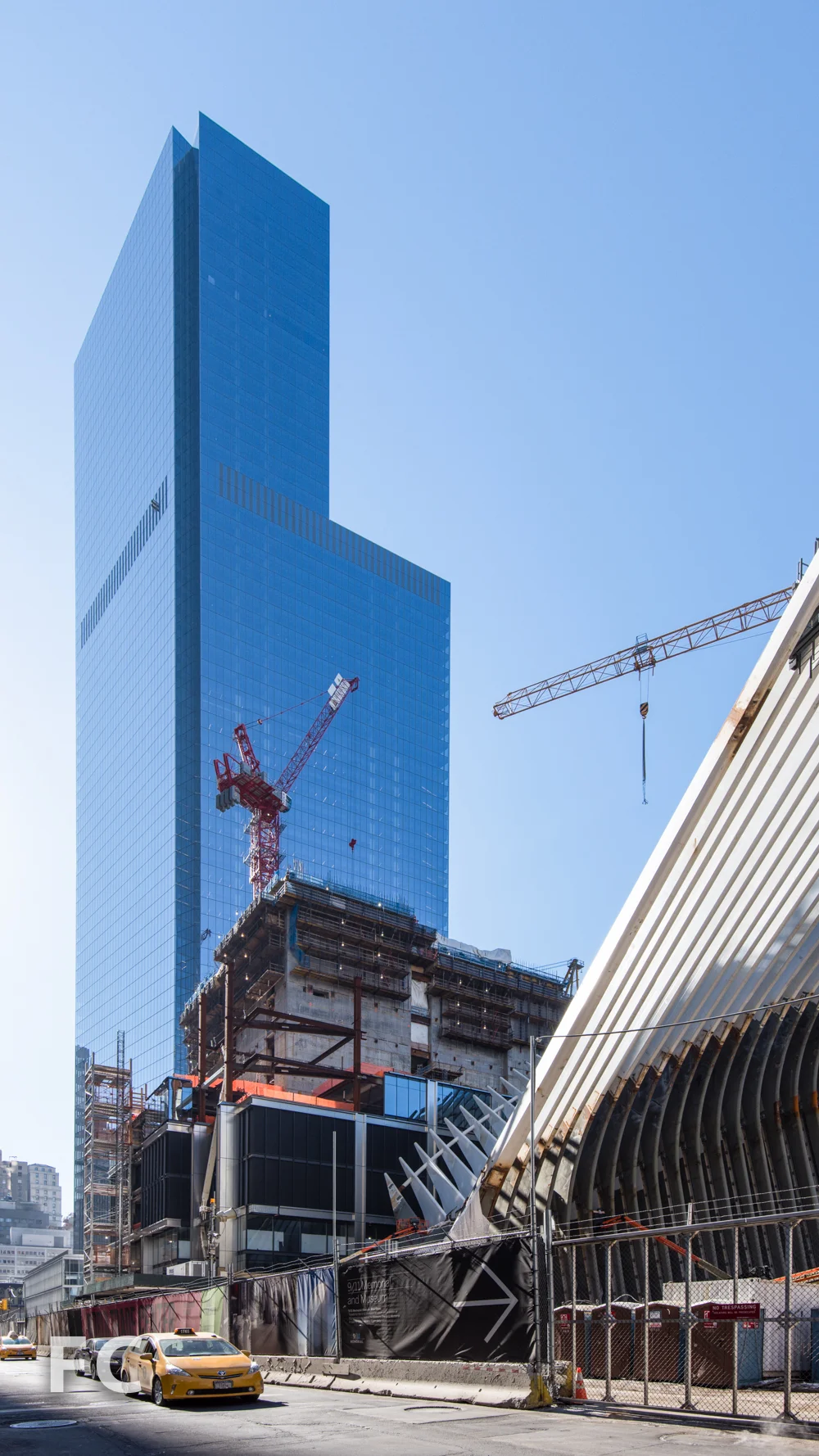 World Trade Center Transit Hub (right), 3 World Trade Center (center), and 4 World Trade Center (left) from Church Street.