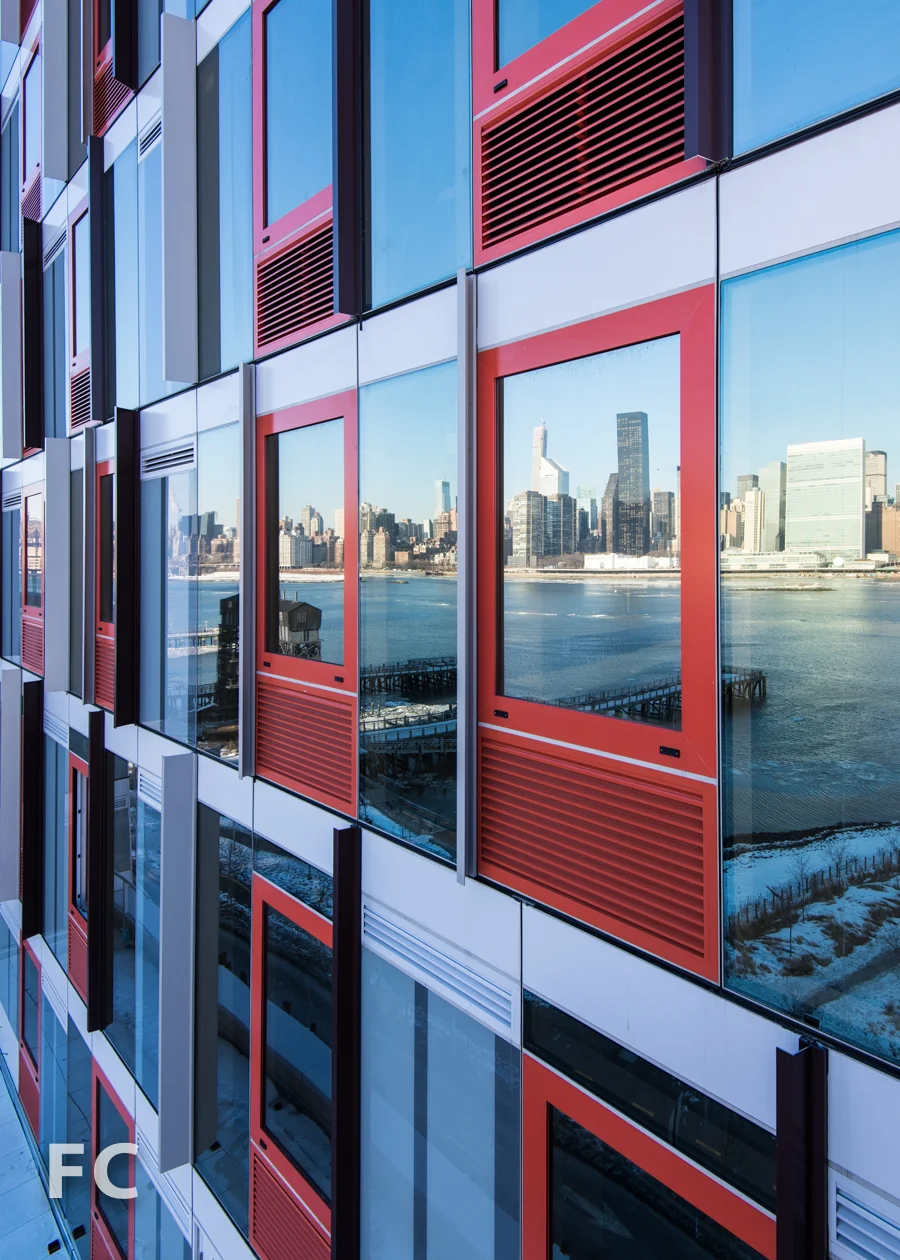 Detail of west facade of Hunter's Point South Commons.