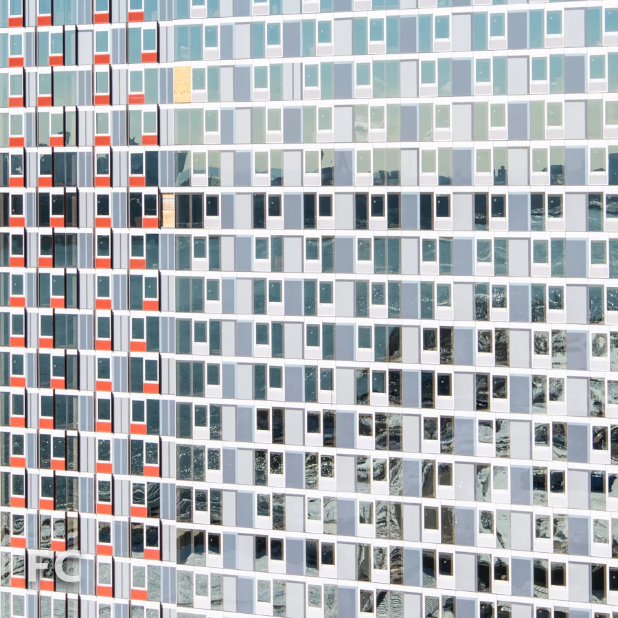 Detail of south facade of Hunter's Point South Commons.
