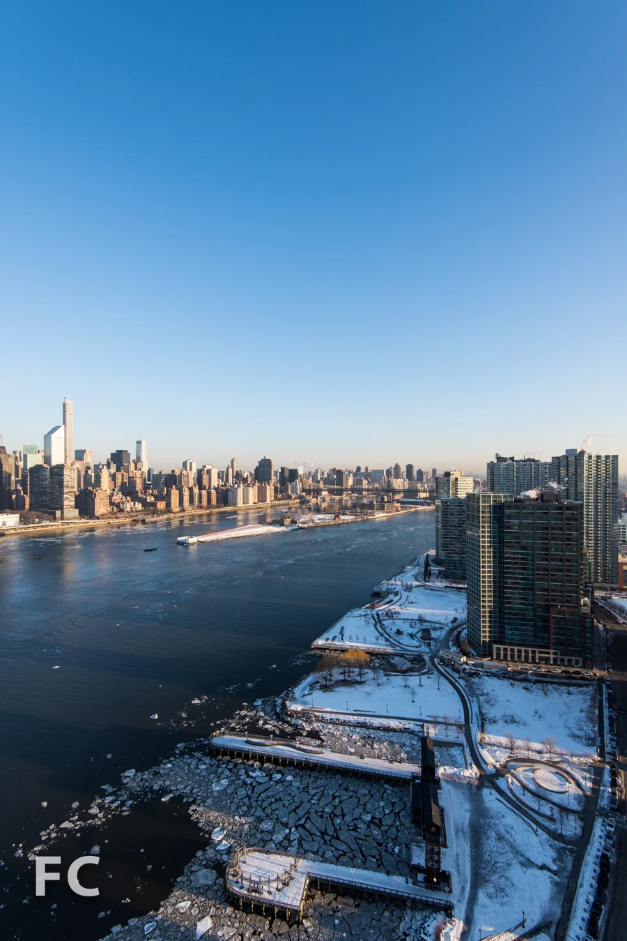 Manhattan skyline and Queens West waterfront from the tower roof of Hunter's Point South Commons.