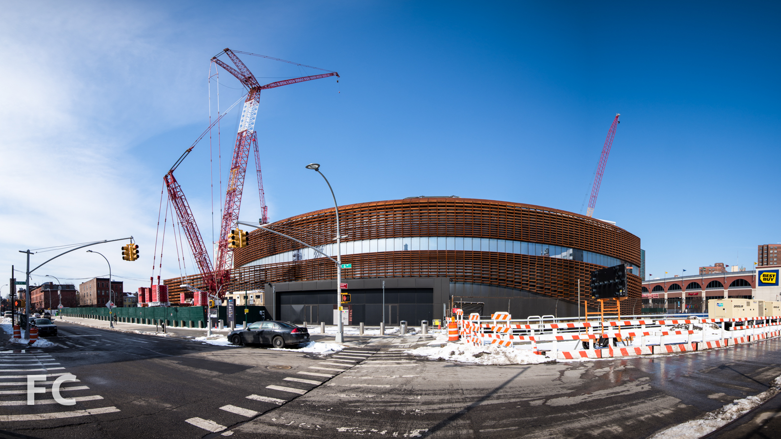East façade of Barclays Center (center) with future site of 30 6th Avenue (left) and the B4 tower (right).