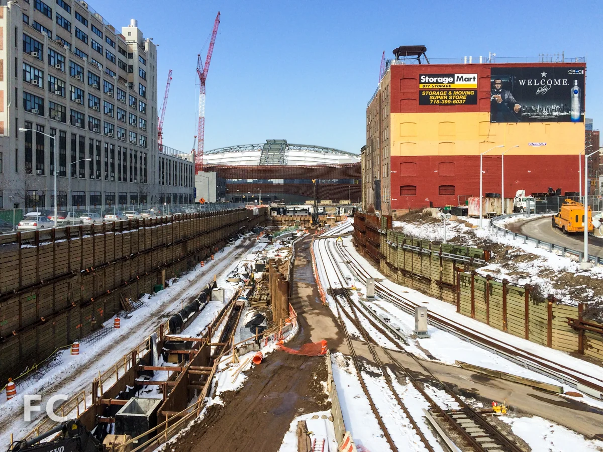 Looking west along the Vanderbilt Rail Yards towards Barclays Center (center).