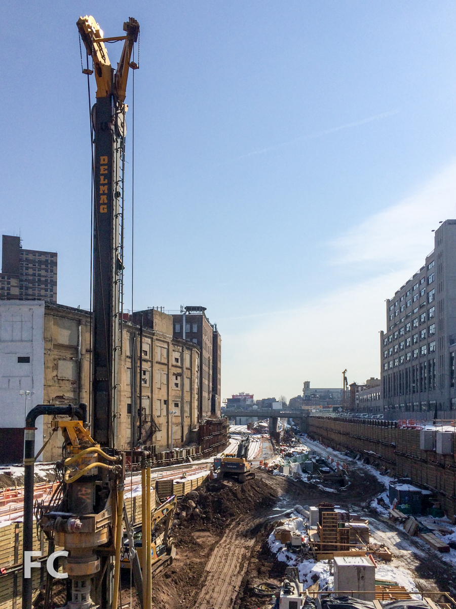 Looking east along the Vanderbilt Rail Yards.