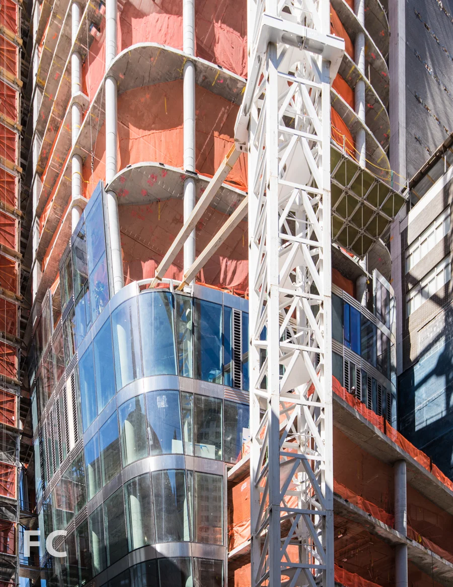 Detail of curtain wall with curved glass units.