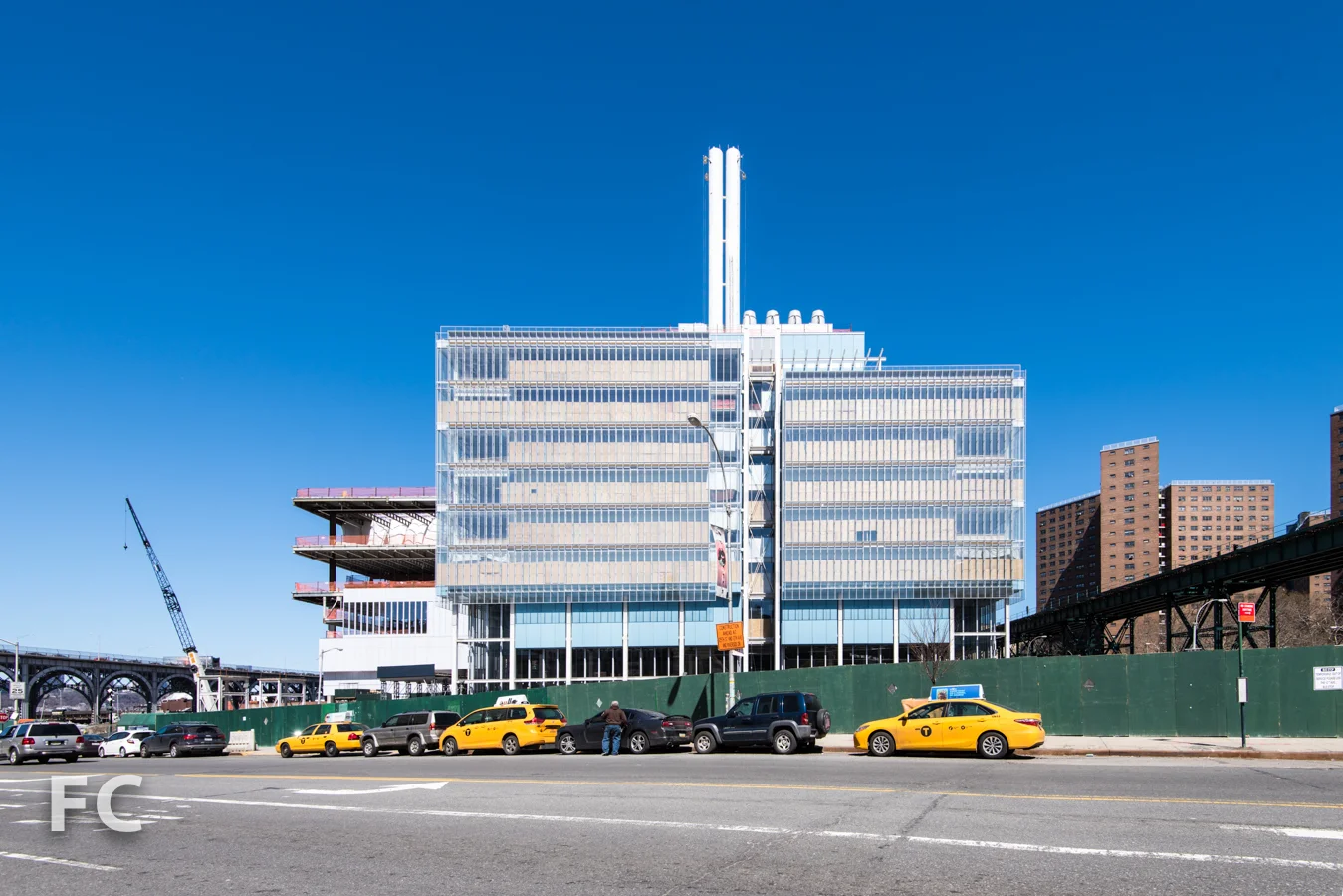 South facade of the Science Center (right) and the Center for the Arts (left) from West 125th Street.
