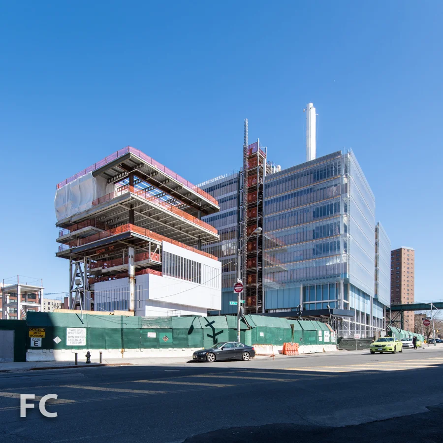 Southwest corner of the Science Center (right) and the Center for the Arts (left) from West 125th Street.